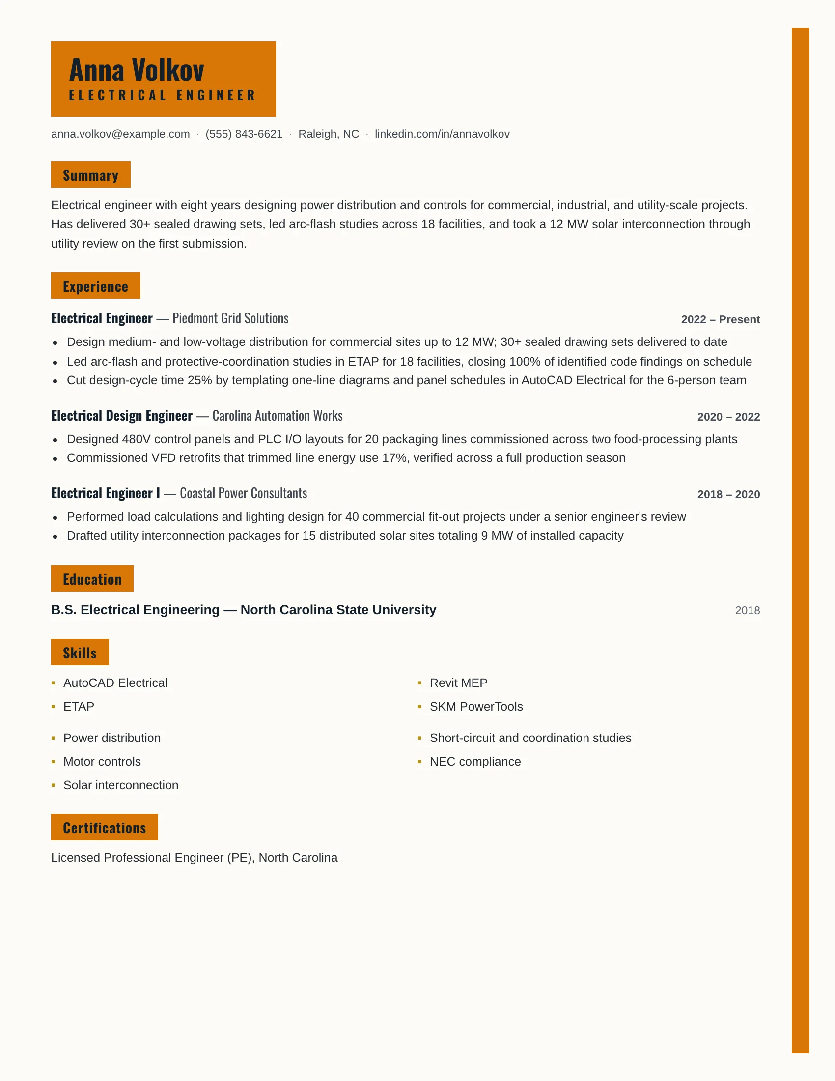 Electrical Engineer · Spark resume template preview
