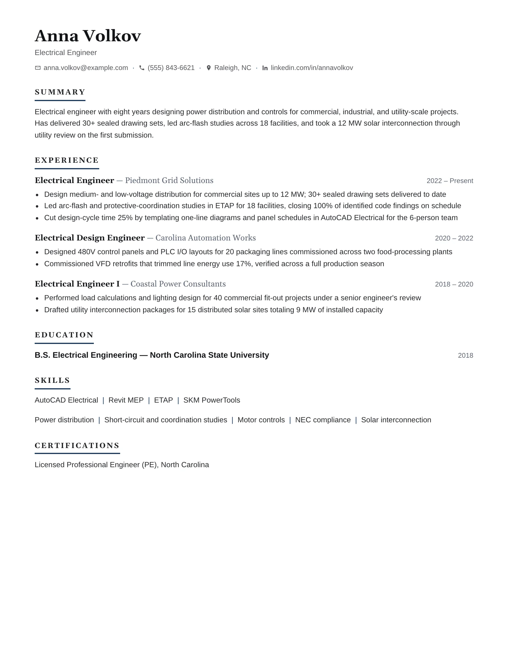 Electrical Engineer · True resume template preview