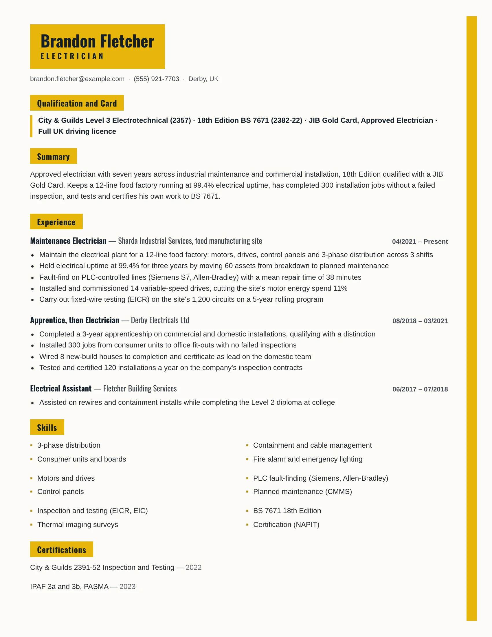 Electrician resume example — sample document