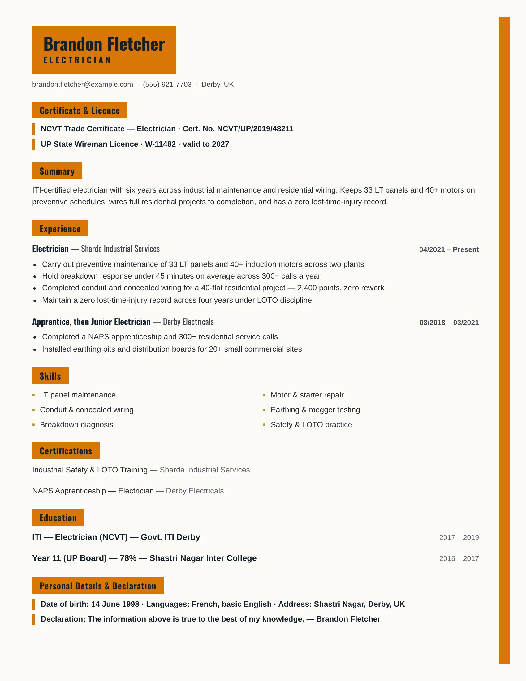 Electrician · Spark (Amber) resume template preview