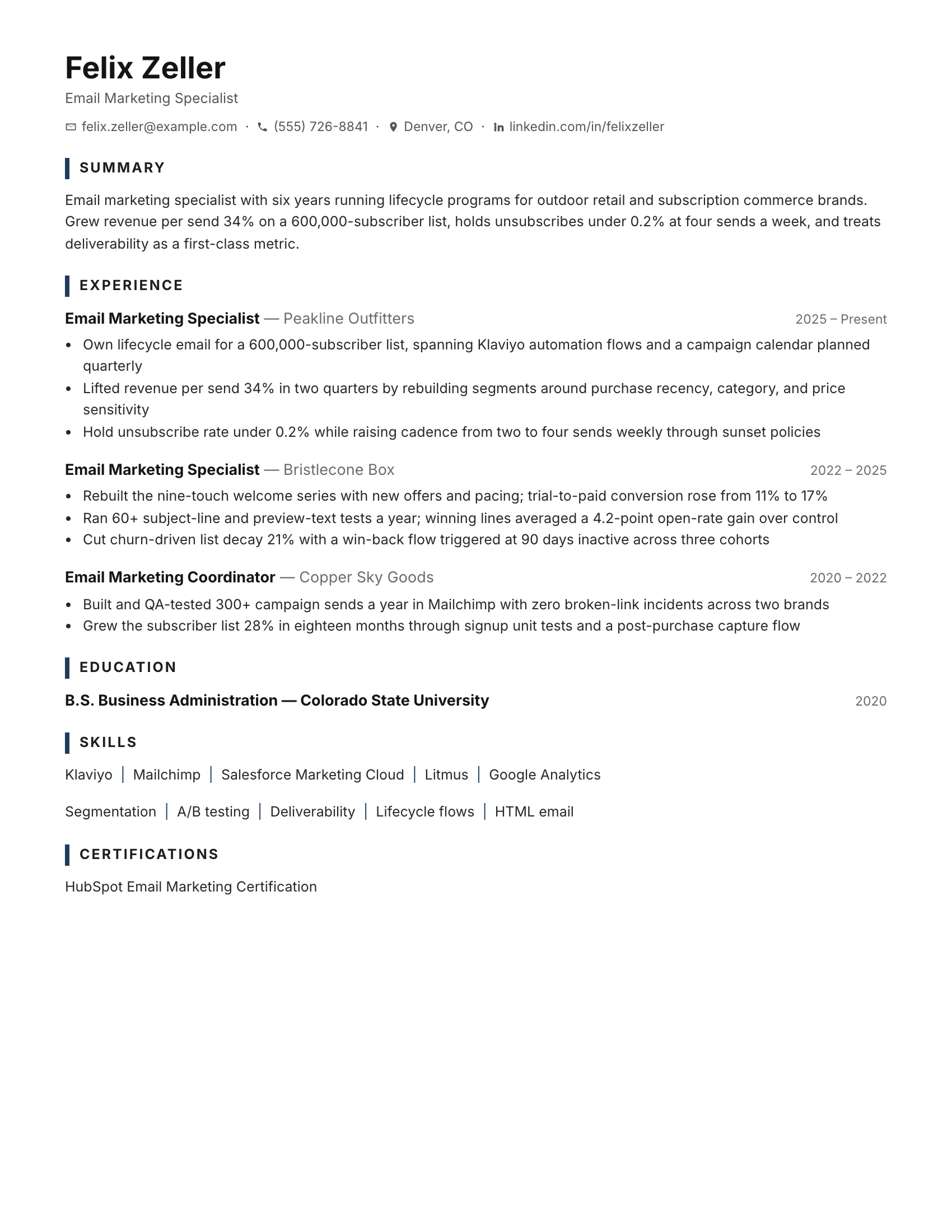 Email Marketing Specialist · Ink resume template preview