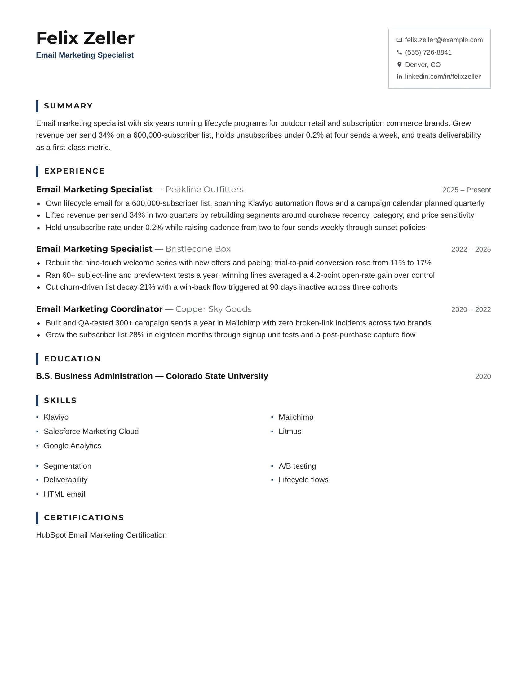 Email Marketing Specialist · Smart resume template preview