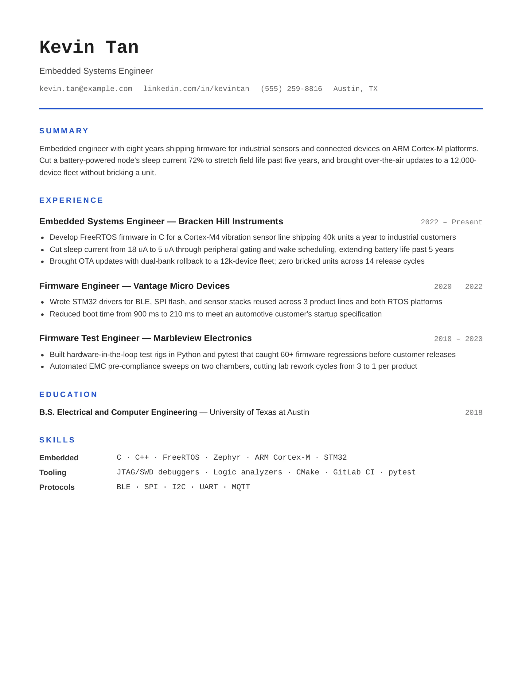 Embedded Systems Engineer · Monospace resume template preview