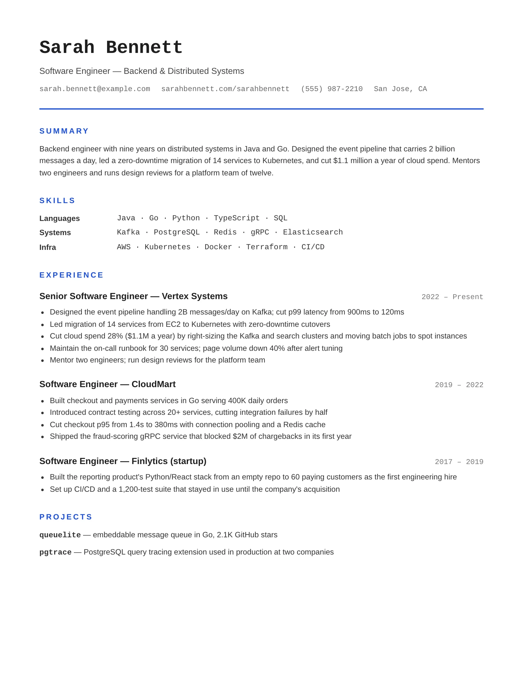Developer · Monospace (Blue) resume template preview