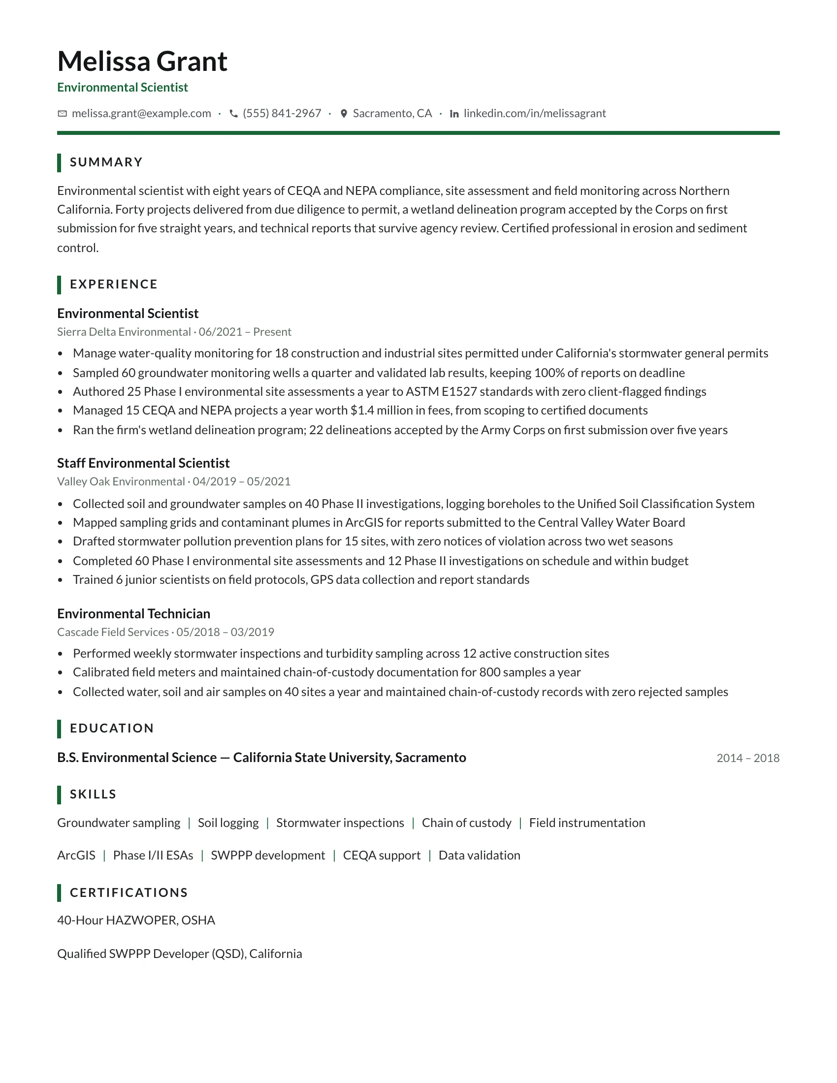 Environmental scientist resume example — sample document