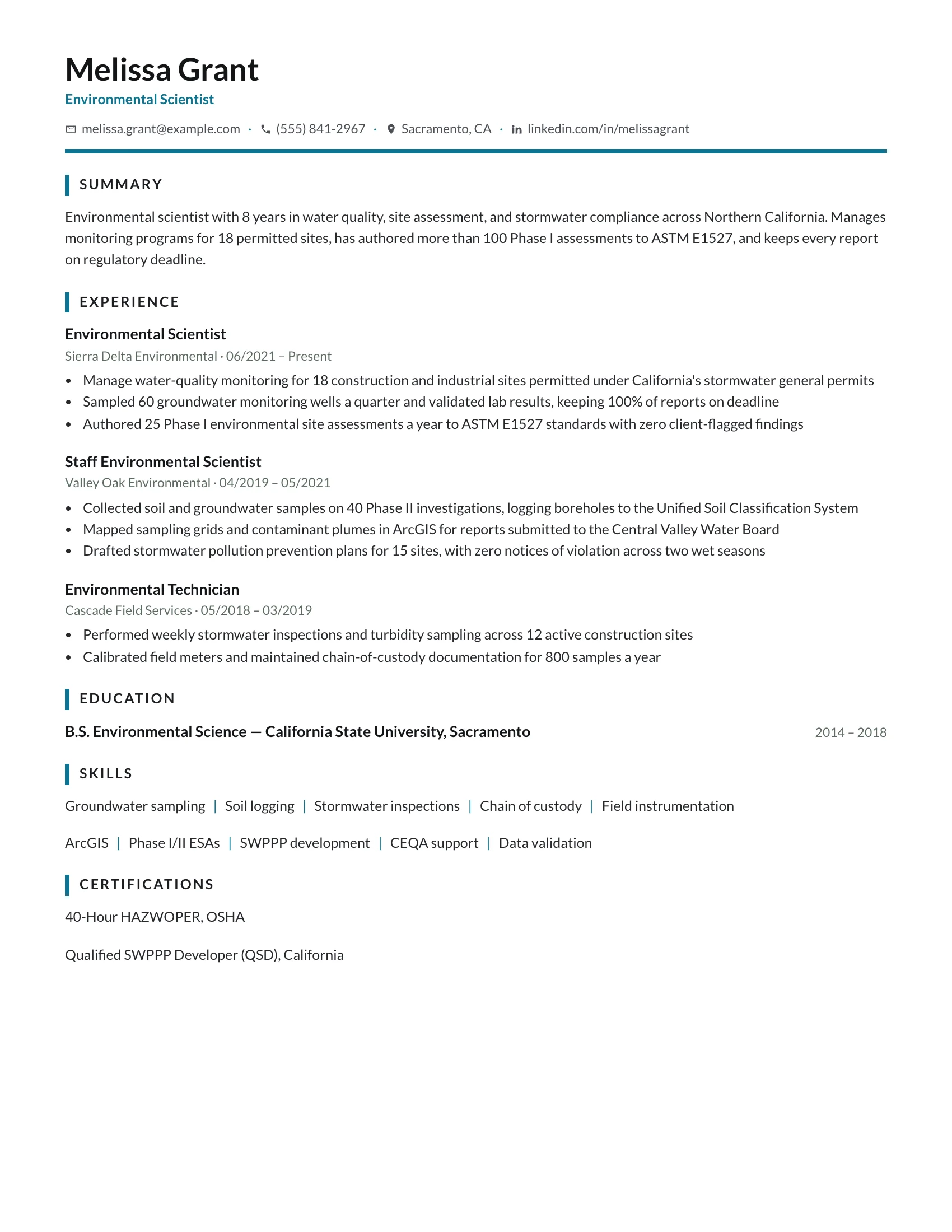 Environmental Scientist · Field (Teal) resume template preview