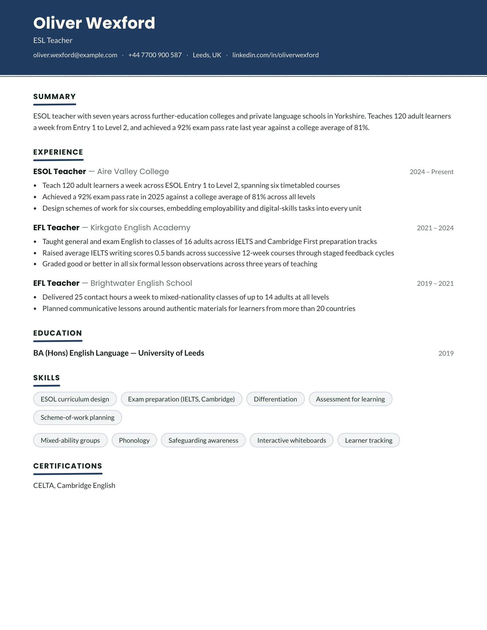 ESL Teacher · Chalkline resume template preview