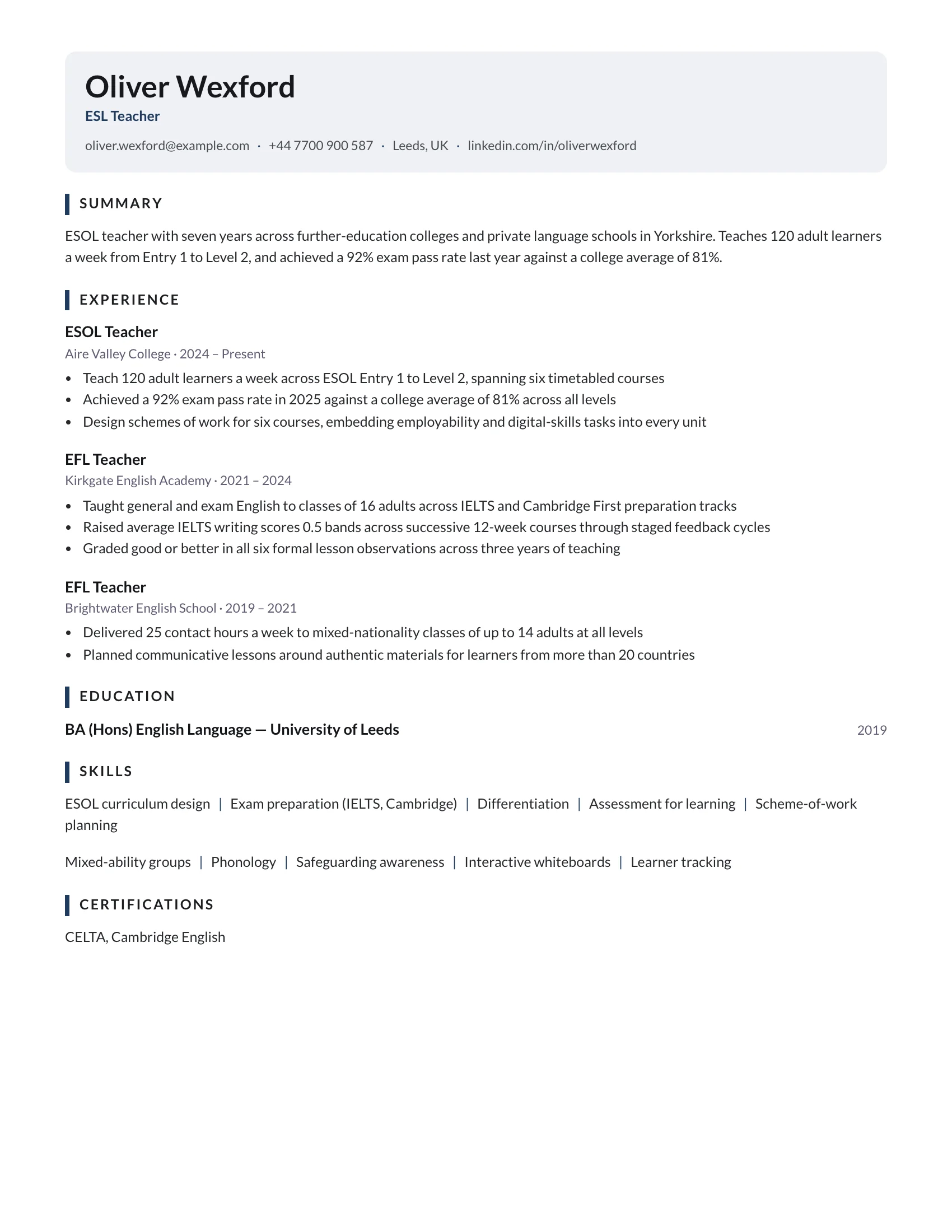 ESL Teacher · Calm resume template preview