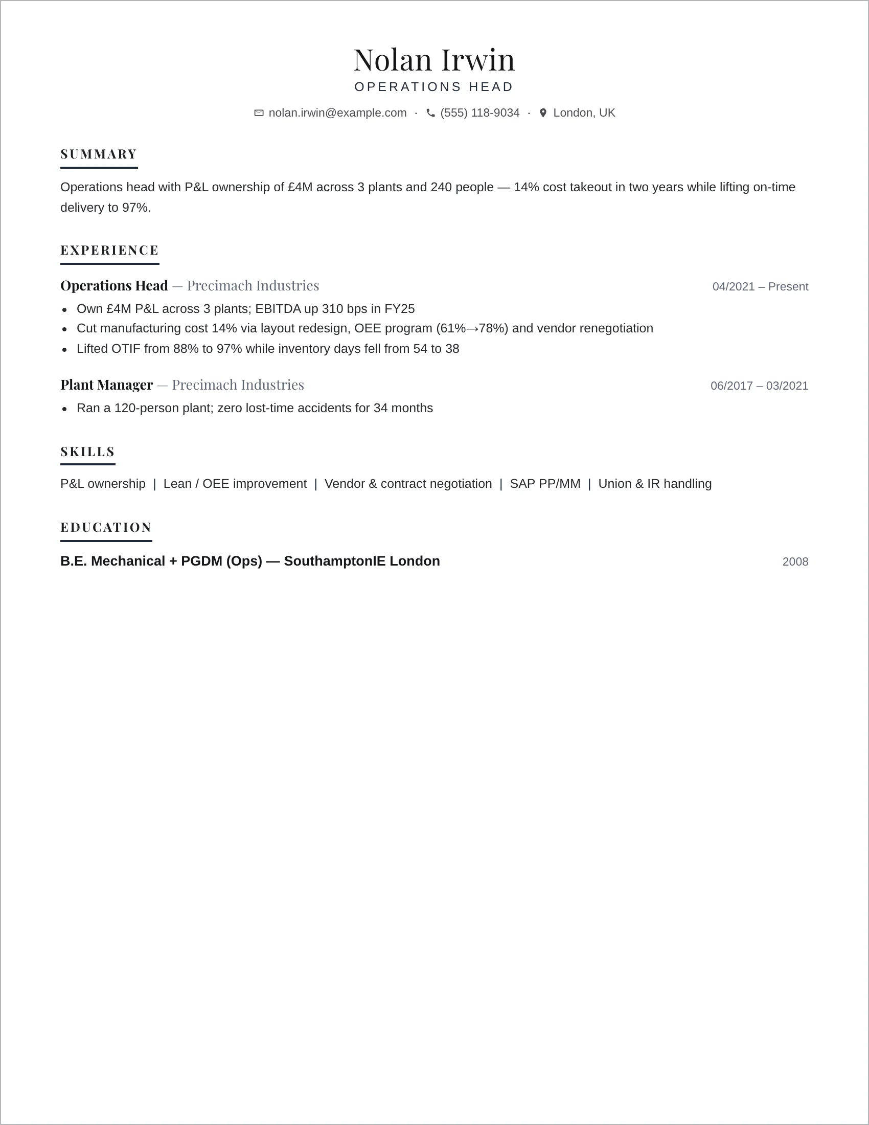 Operations Head · Europe resume template preview