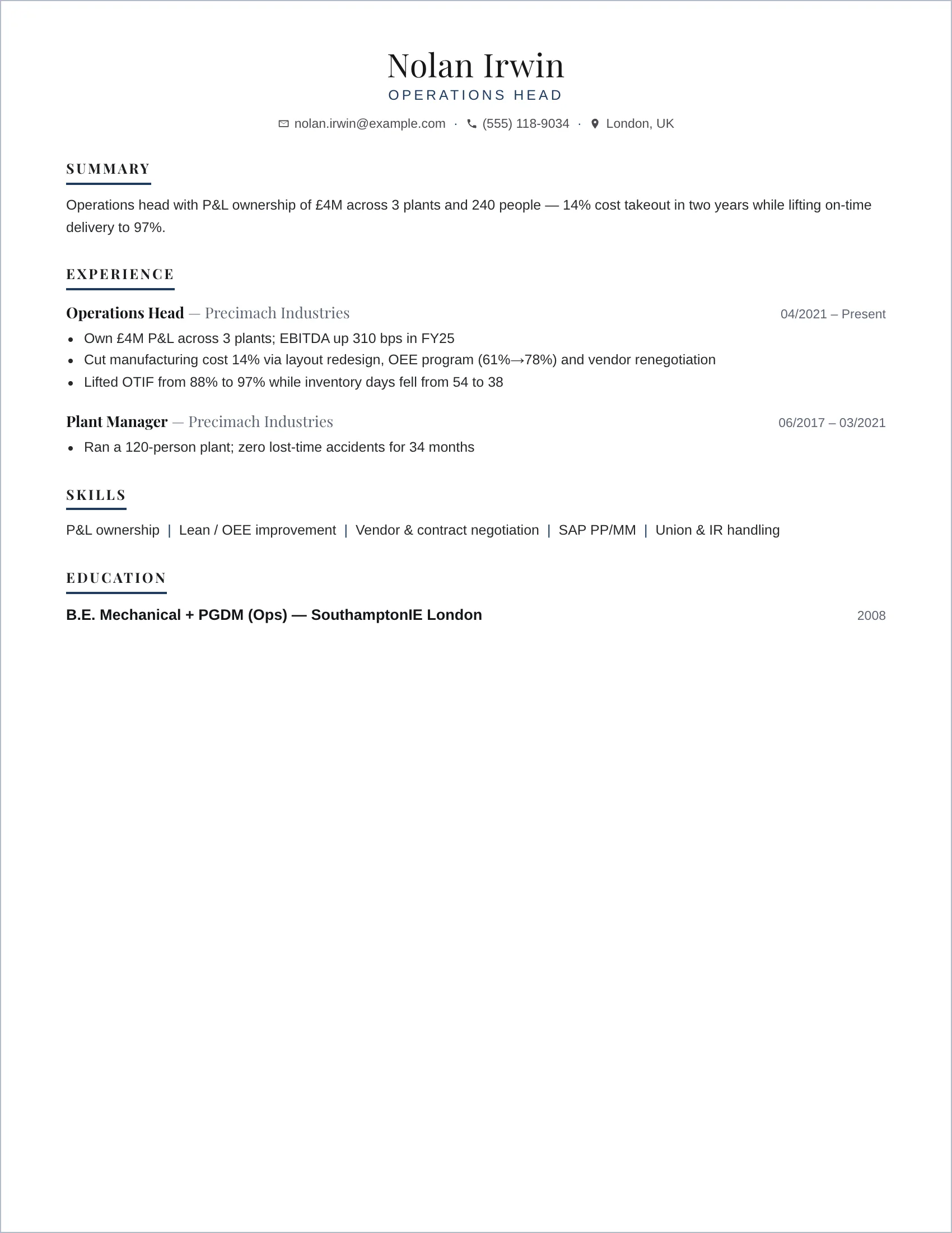 Operations Head · Europe (Navy) resume template preview
