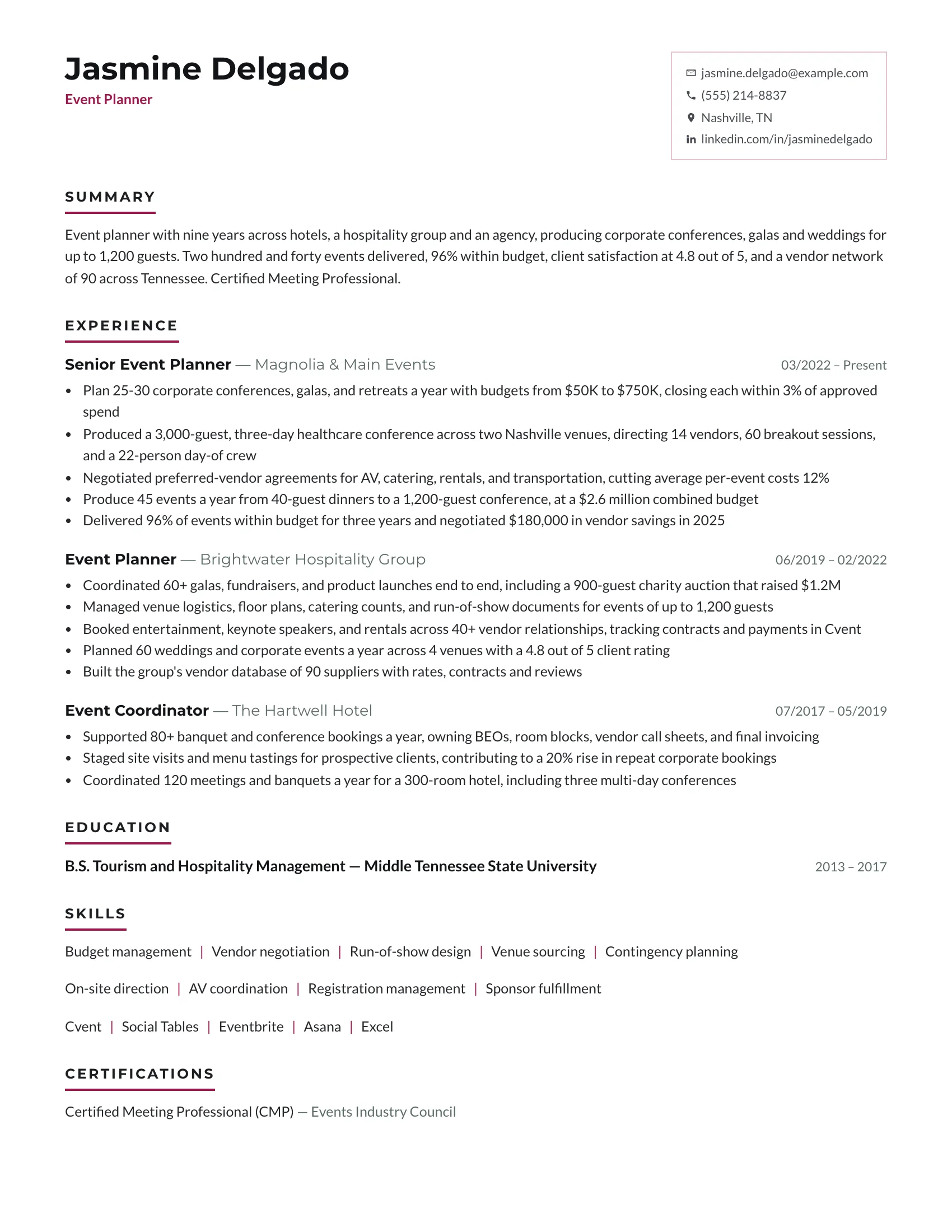 Event planner resume example — sample document