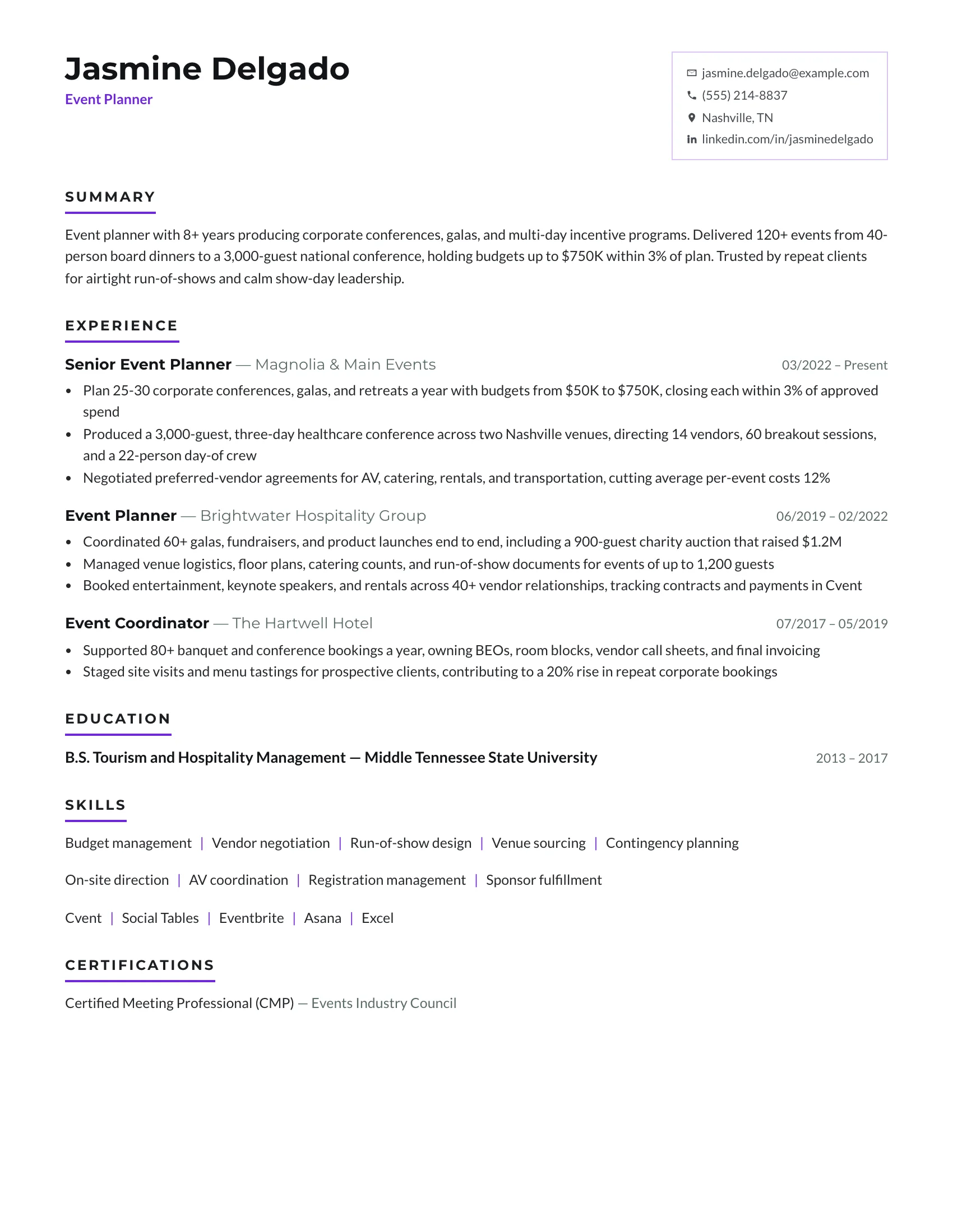 Event Planner · Marquee (Violet) resume template preview