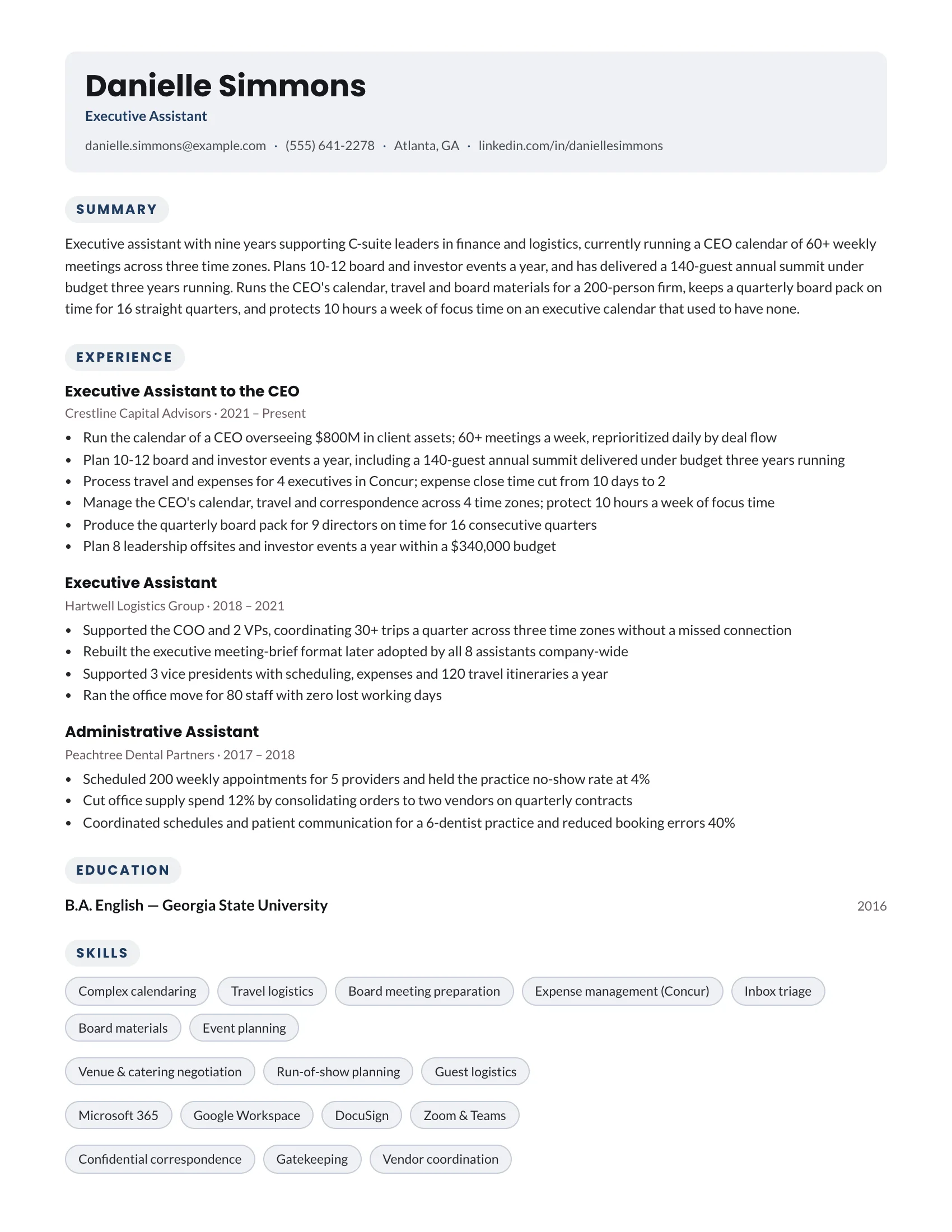 Executive assistant resume example — sample document