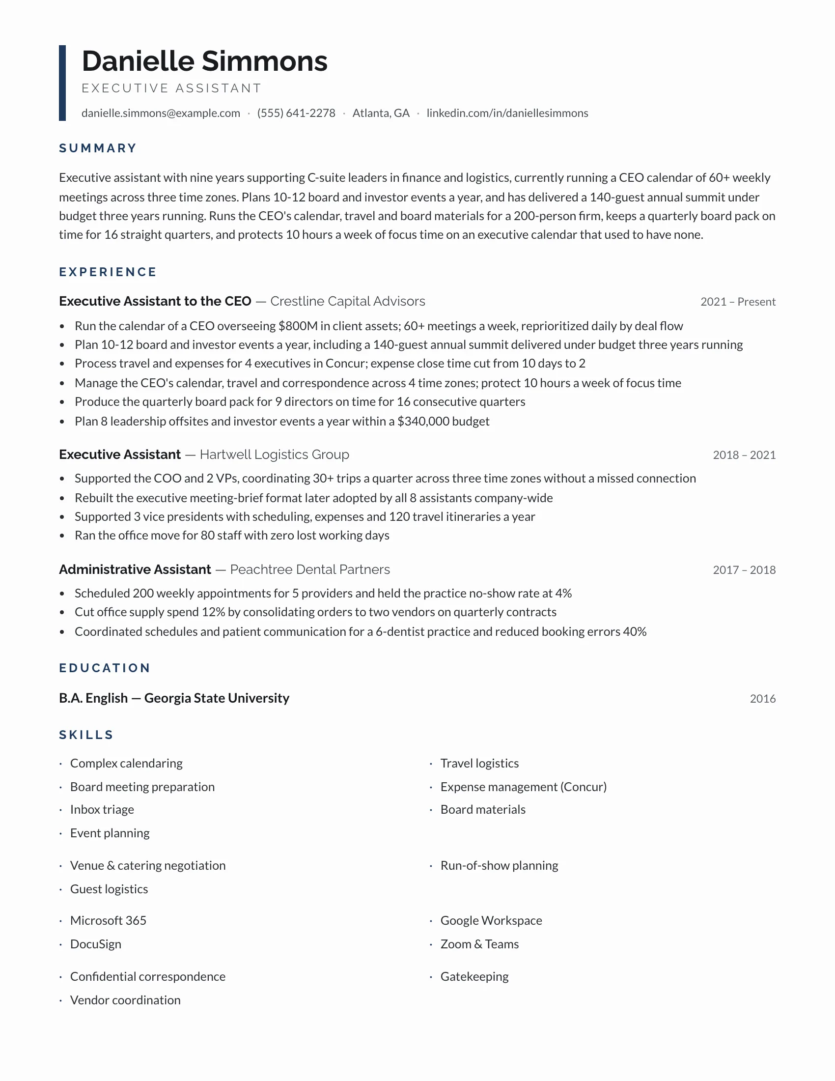 Executive Assistant · Rule resume template preview