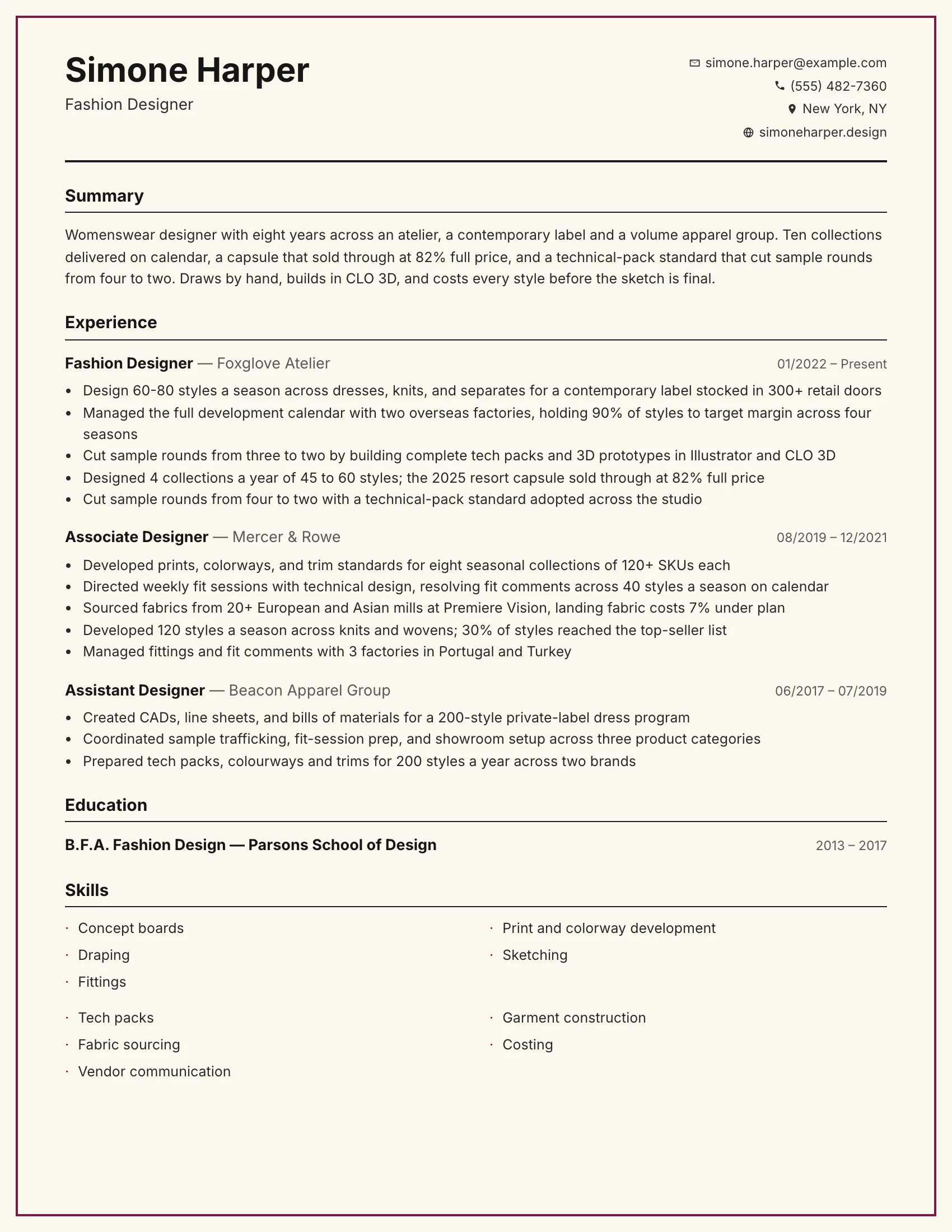 Fashion Designer · Atelier resume template preview