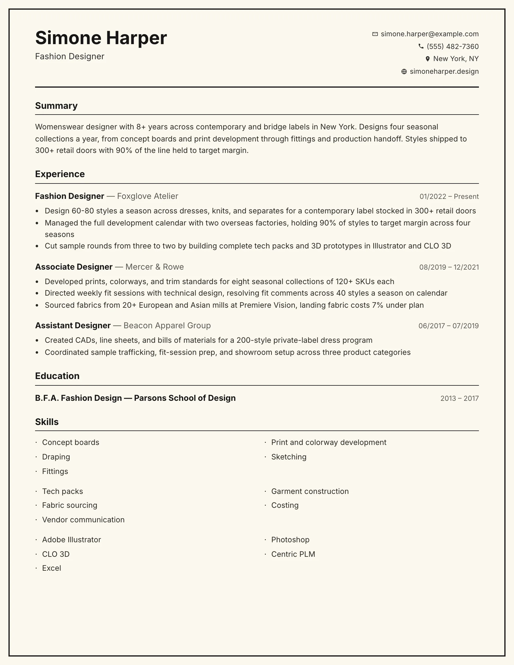 Fashion Designer · Atelier (Charcoal) resume template preview