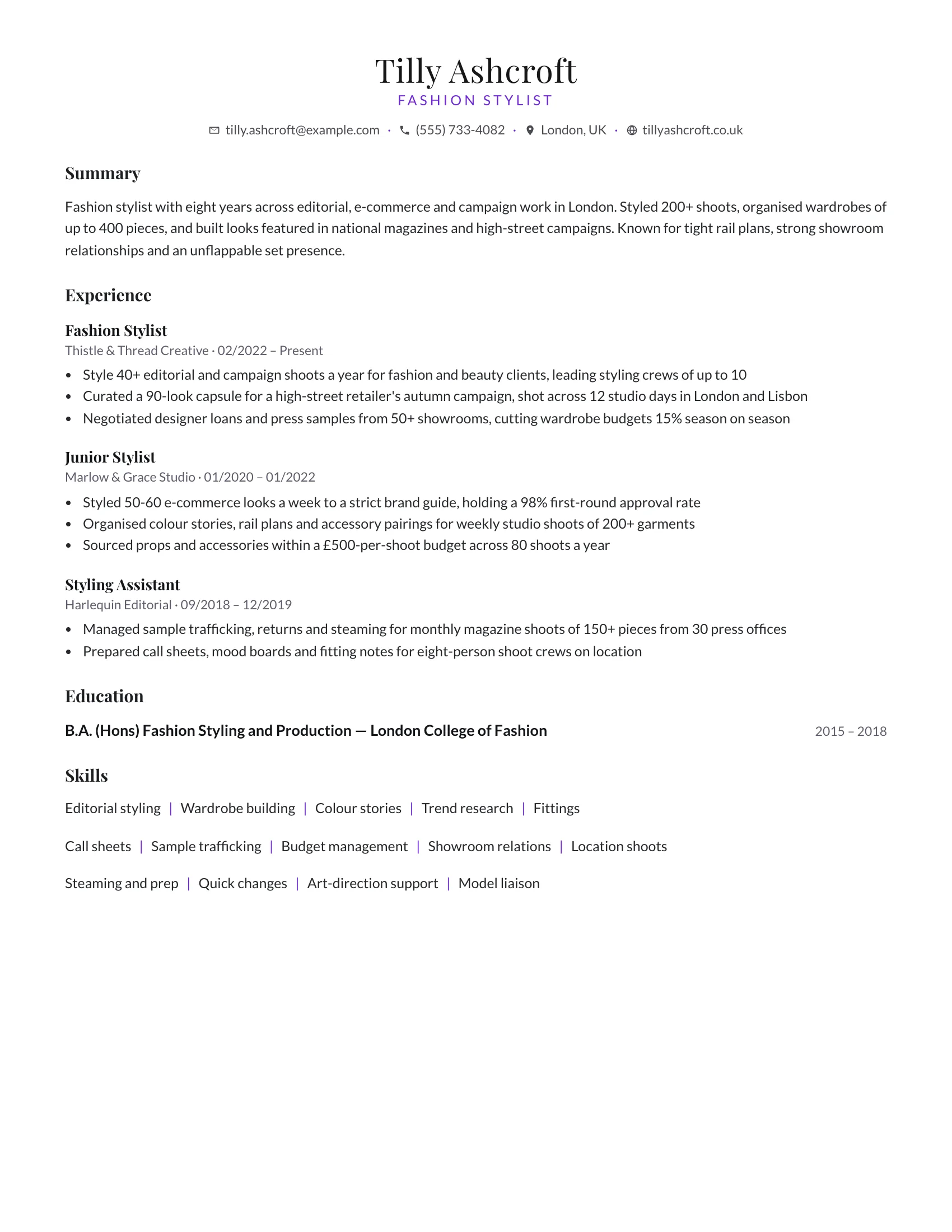 Fashion Stylist · Lookbook resume template preview