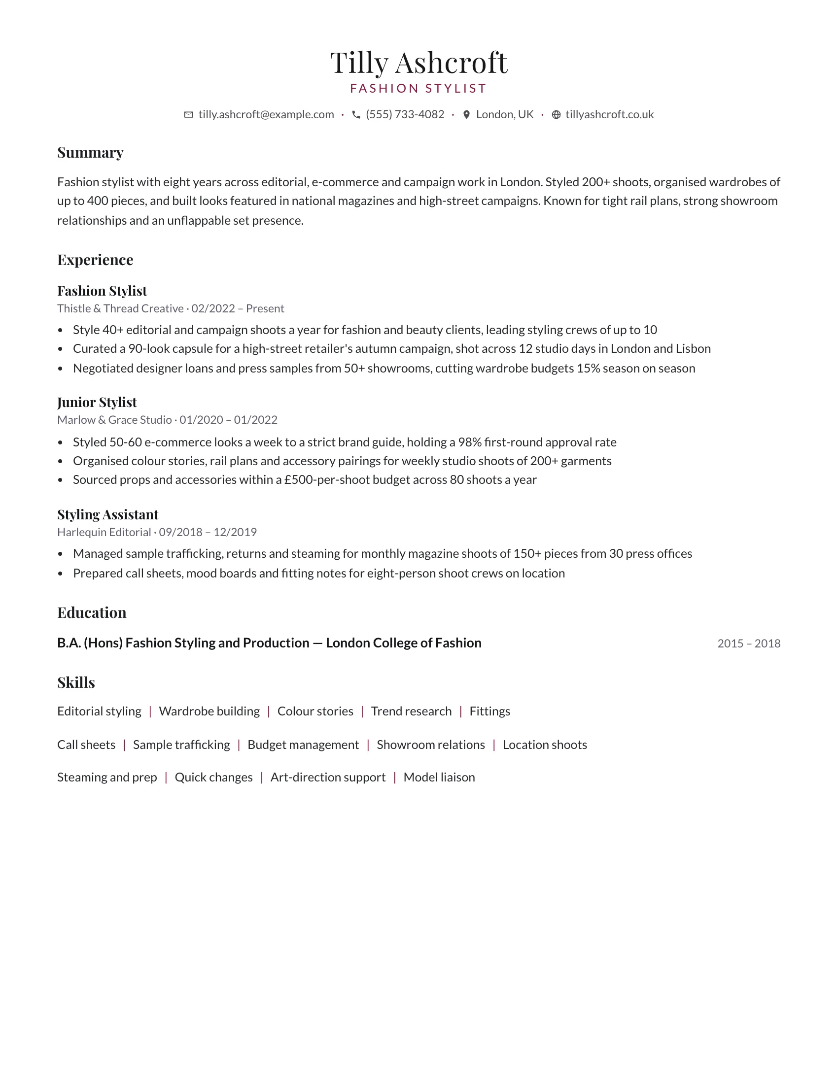 Fashion Stylist · Lookbook (Rose) resume template preview