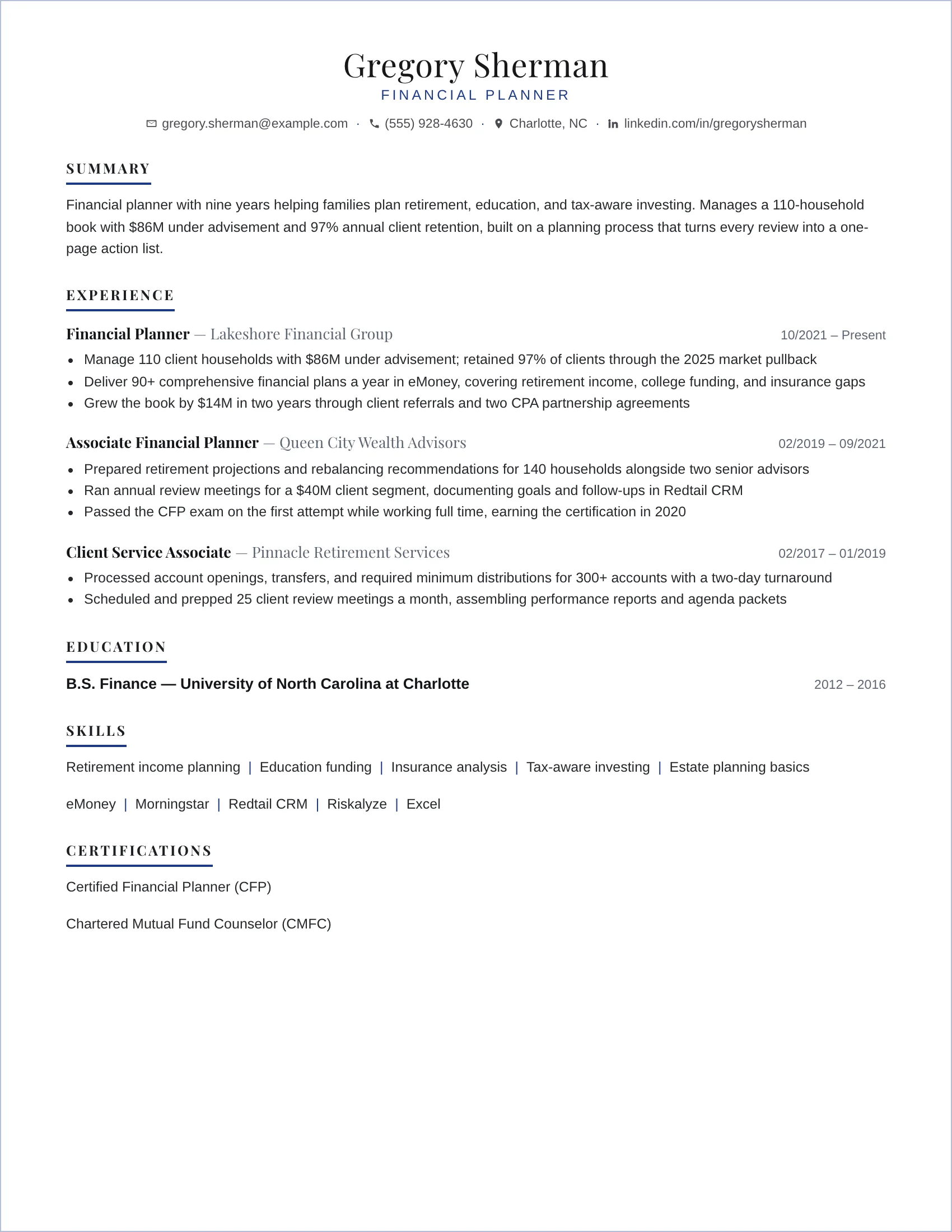 Financial Planner · Trust resume template preview