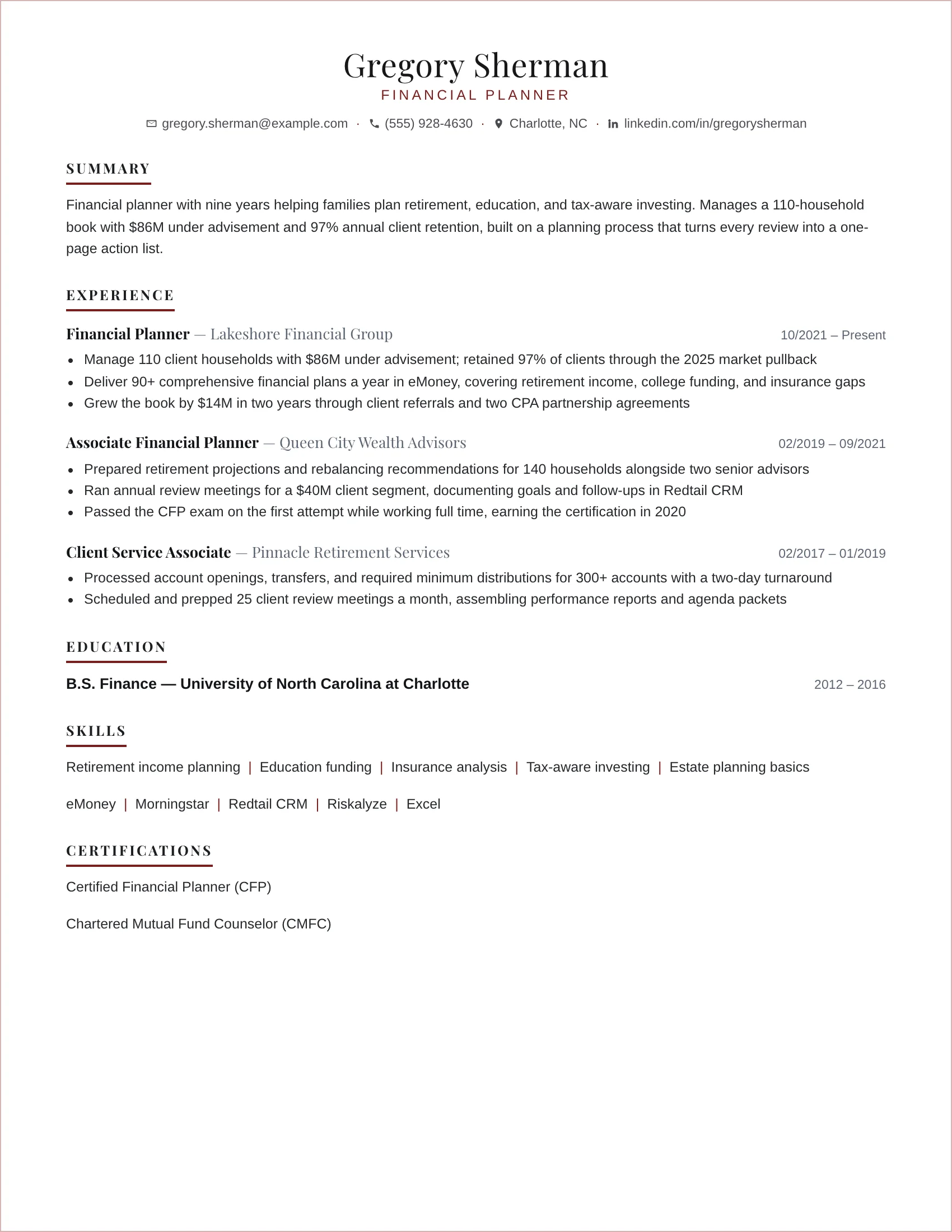Financial Planner · Trust (Red) resume template preview