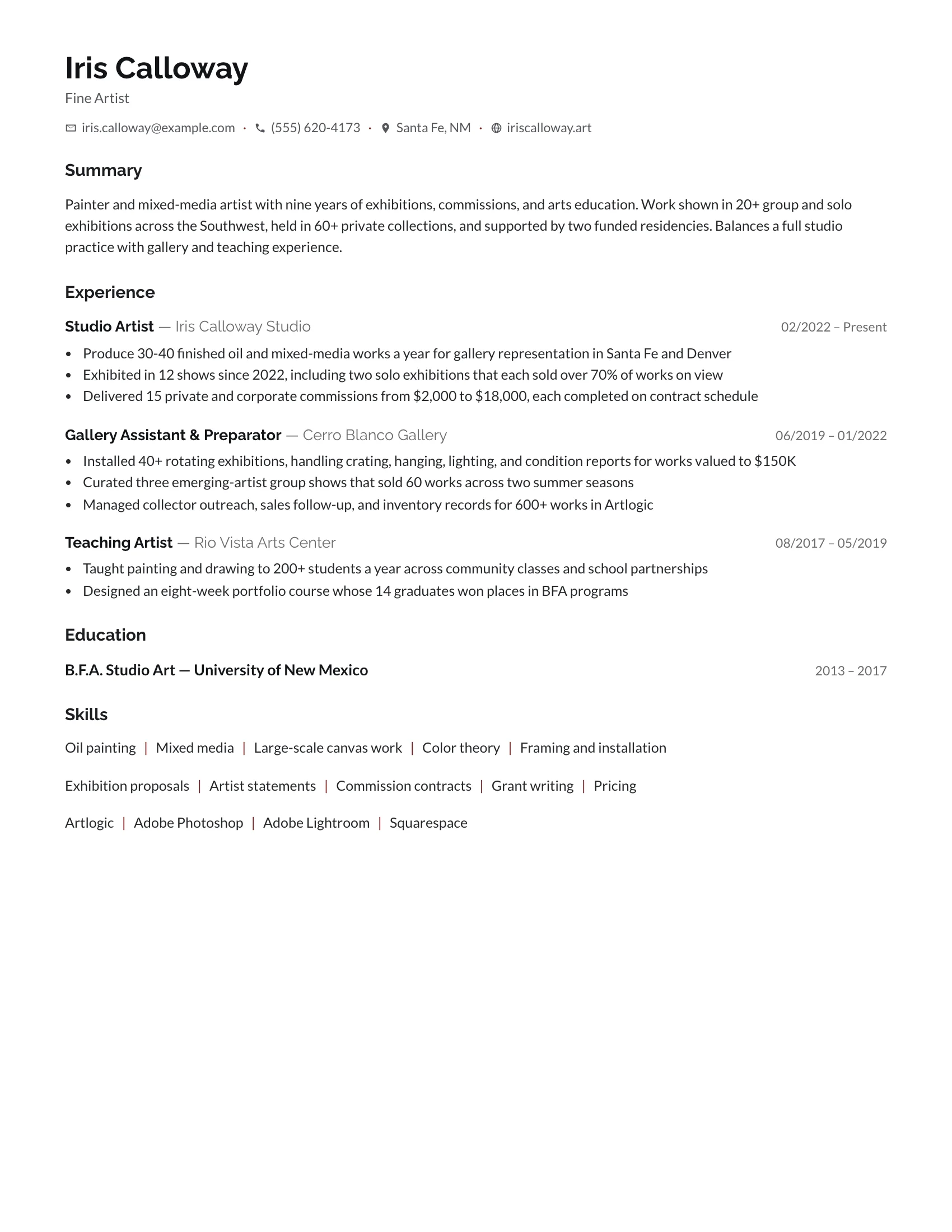 Fine Artist · Gallery (Red) resume template preview