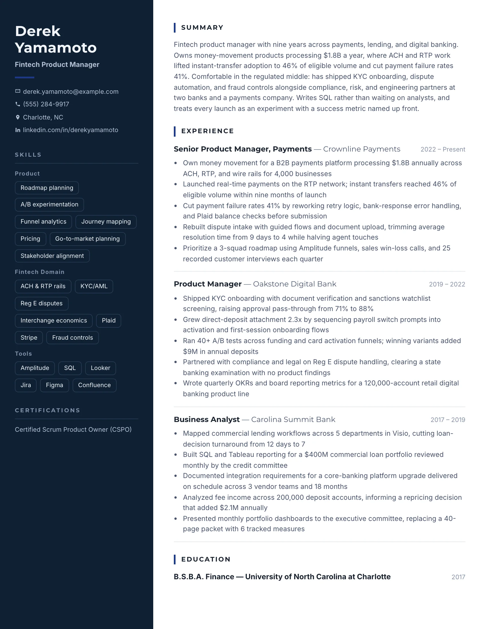 Fintech Product Manager · Bandwidth resume template preview