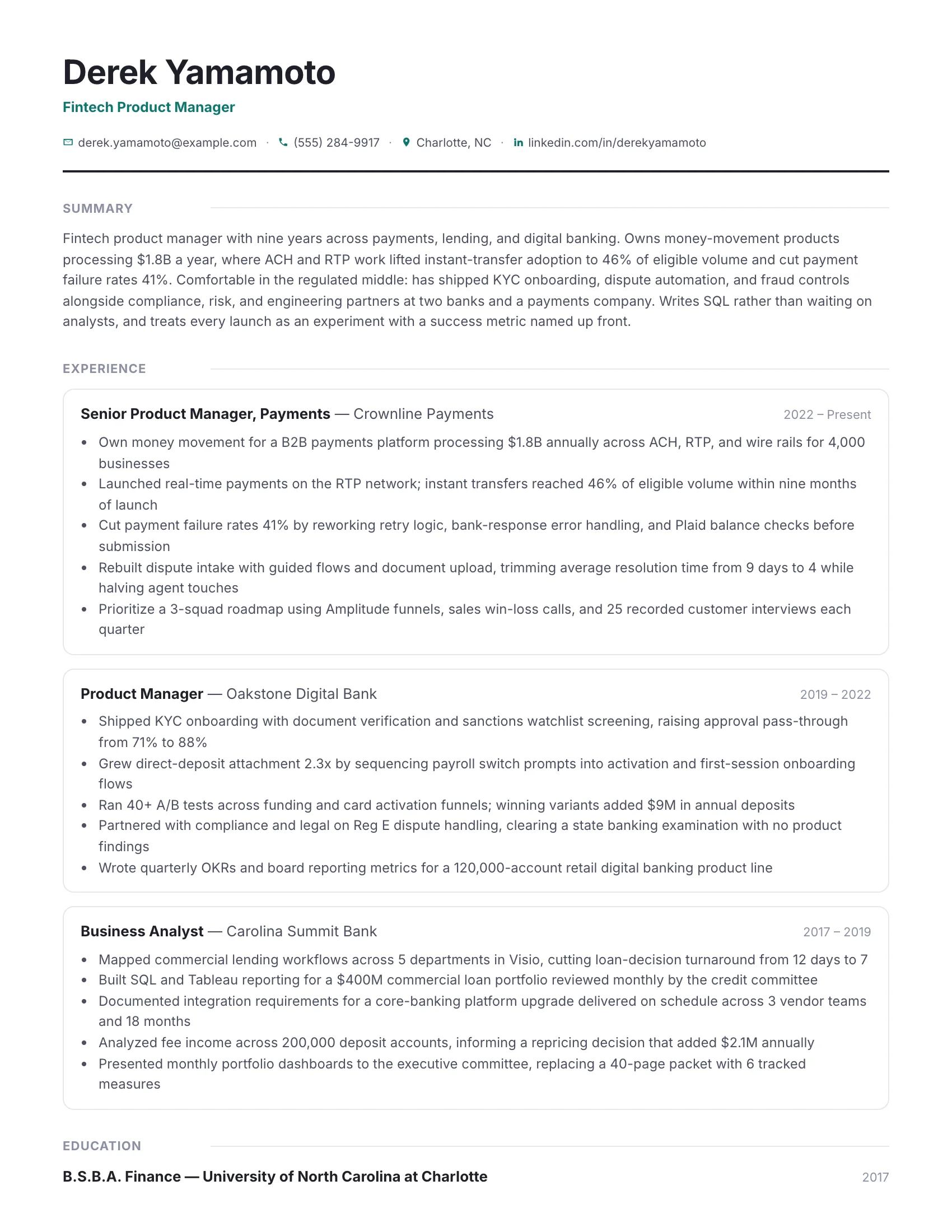 Fintech Product Manager · Railline resume template preview