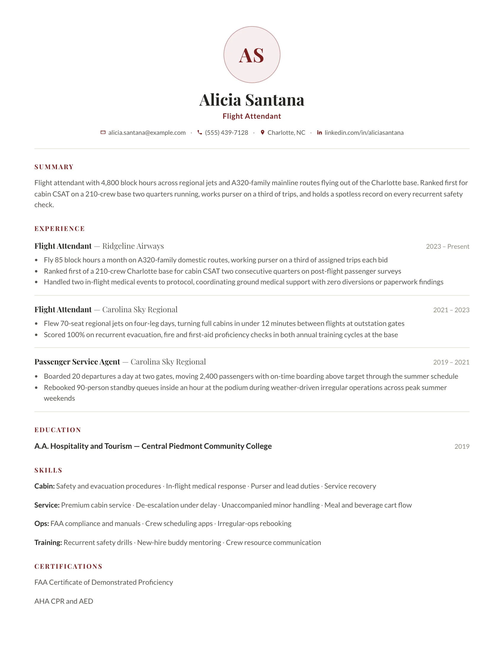 Flight Attendant · Portrait resume template preview