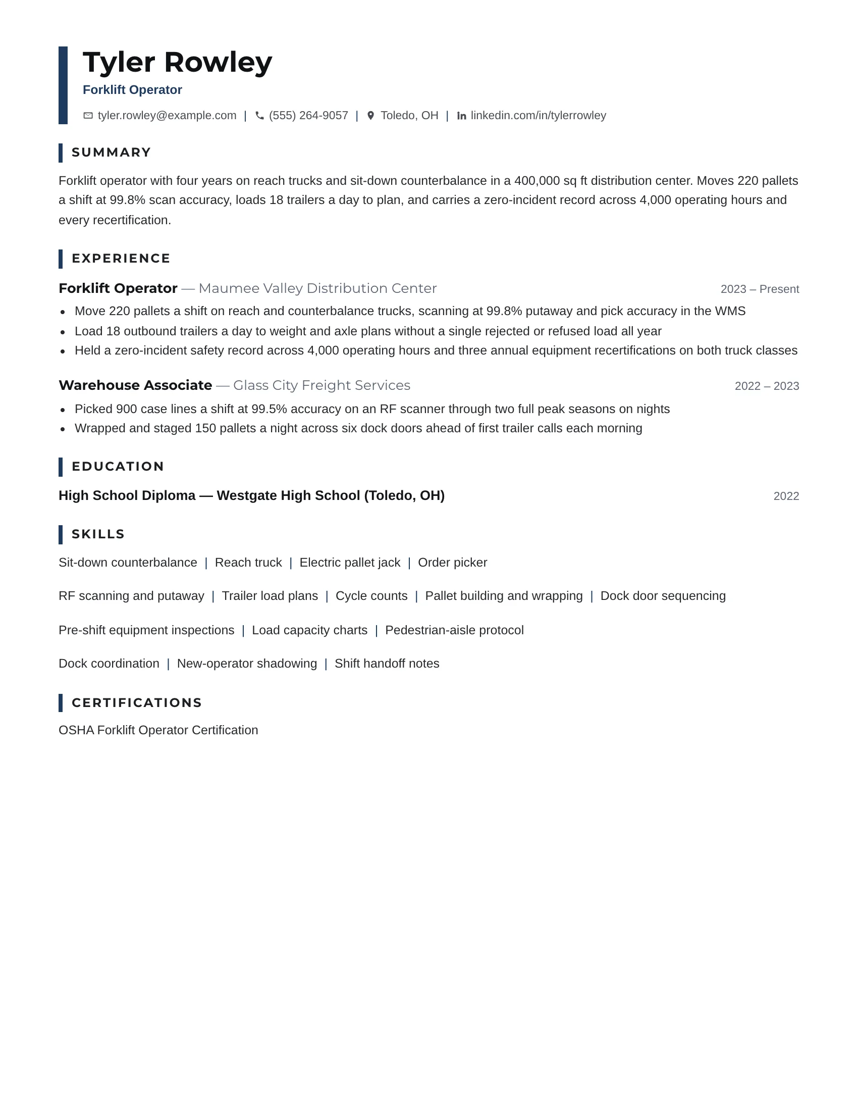 Forklift Operator · Compact resume template preview