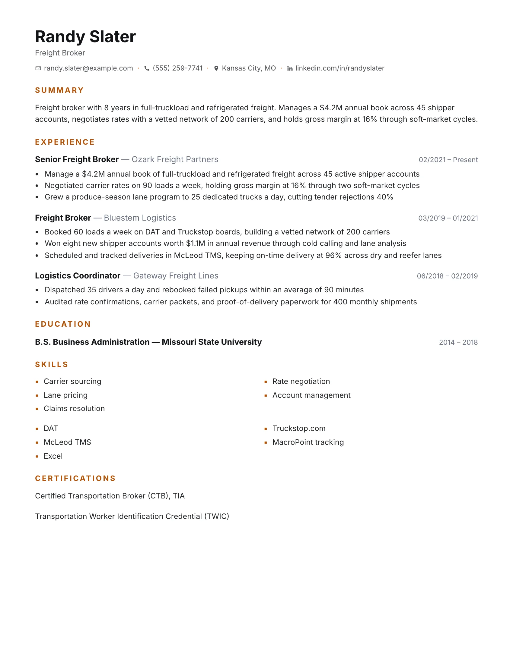 Freight Broker · Linehaul resume template preview