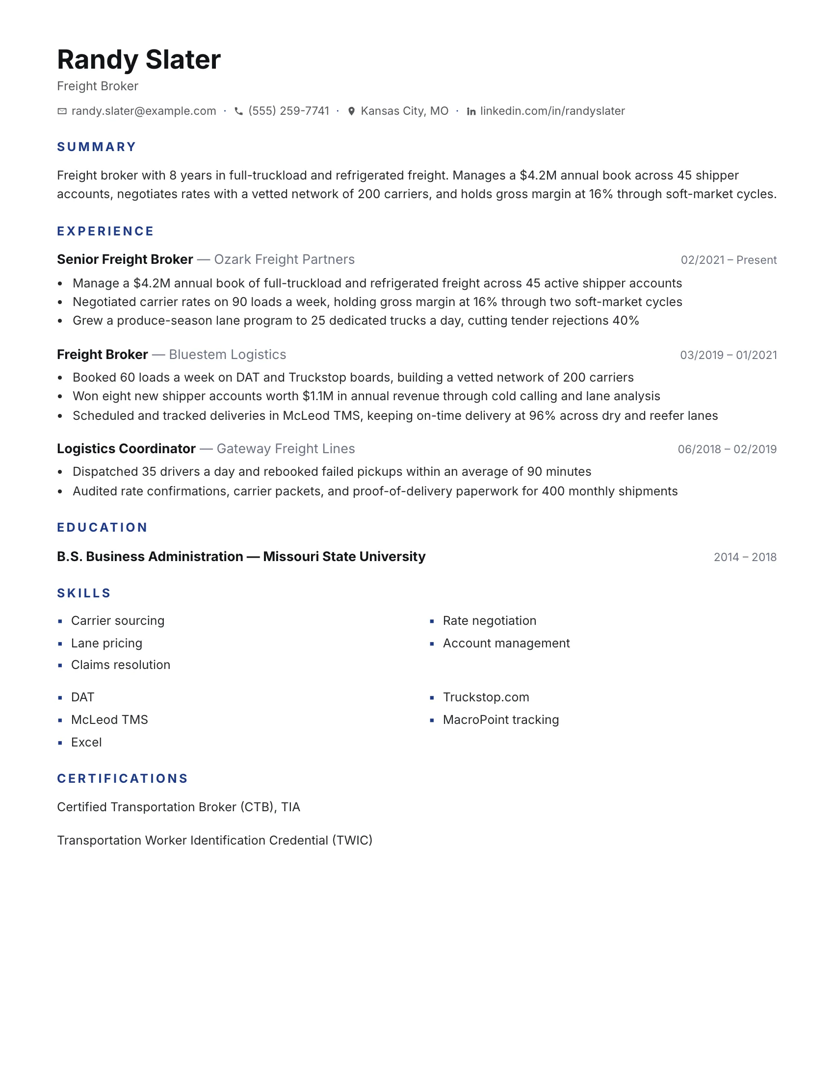 Freight Broker · Linehaul (Blue) resume template preview