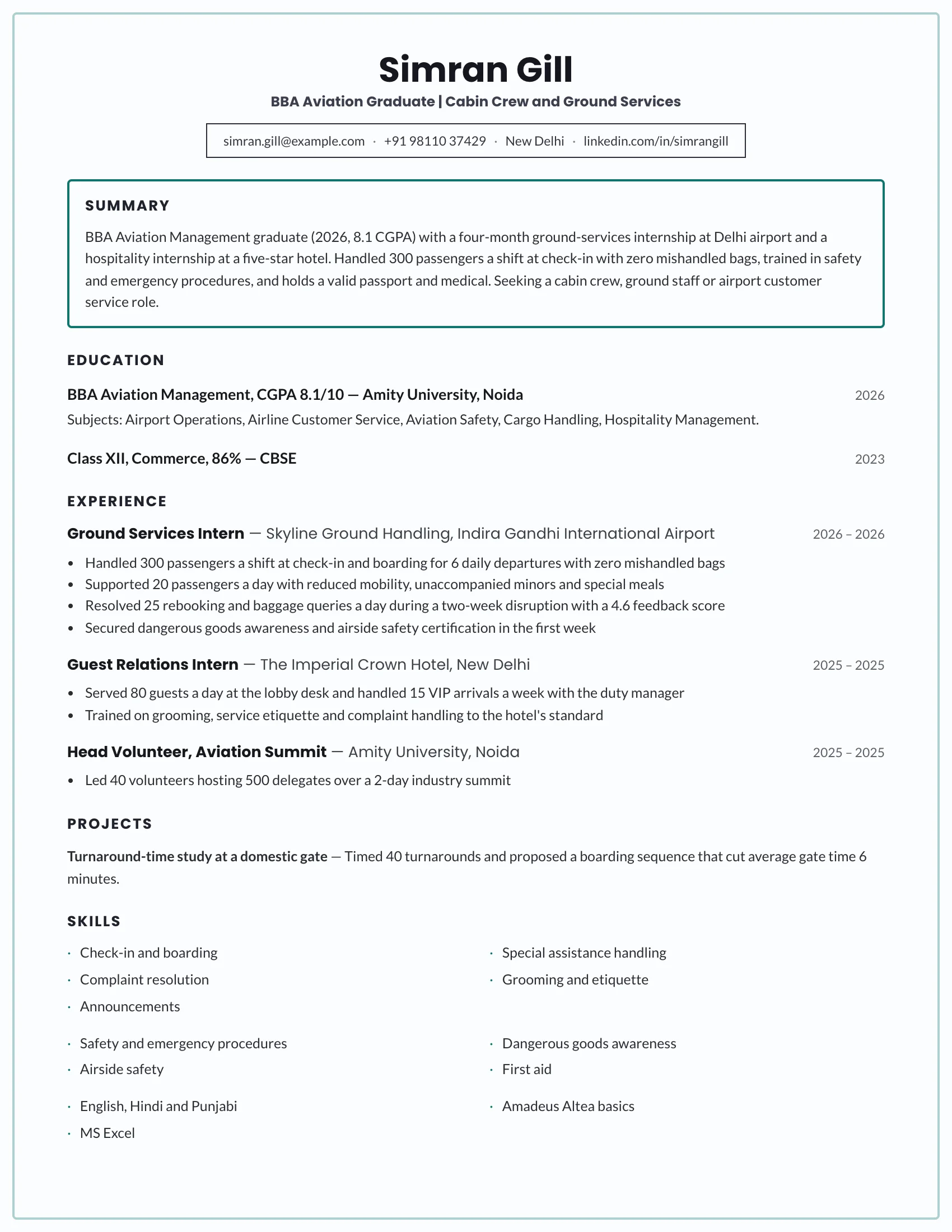 BBA Aviation fresher resume sample