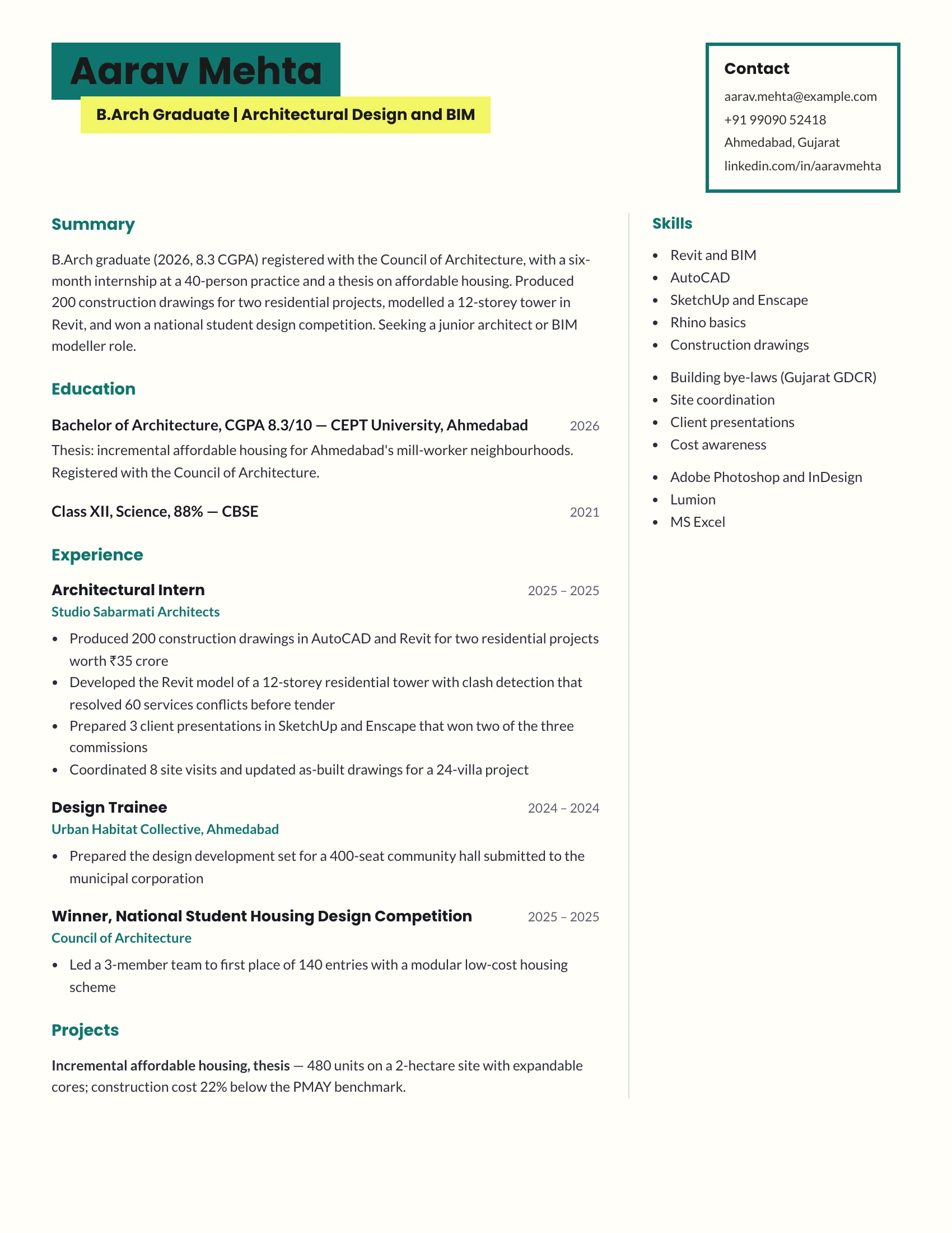B.Arch fresher resume sample