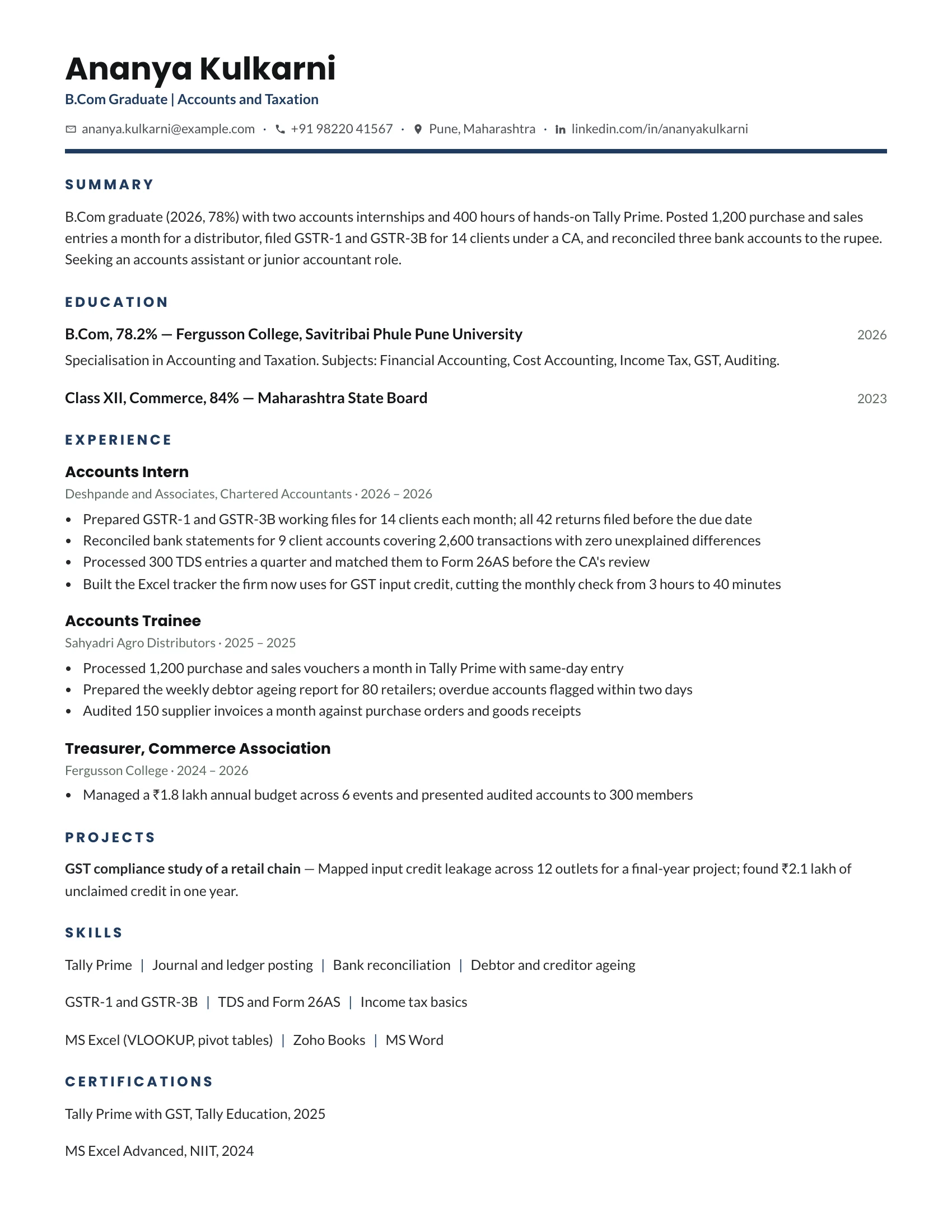 B.Com fresher resume sample