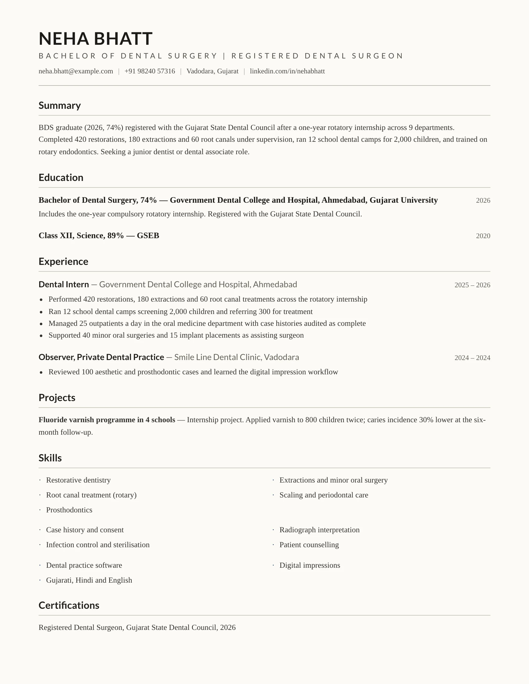BDS fresher resume sample