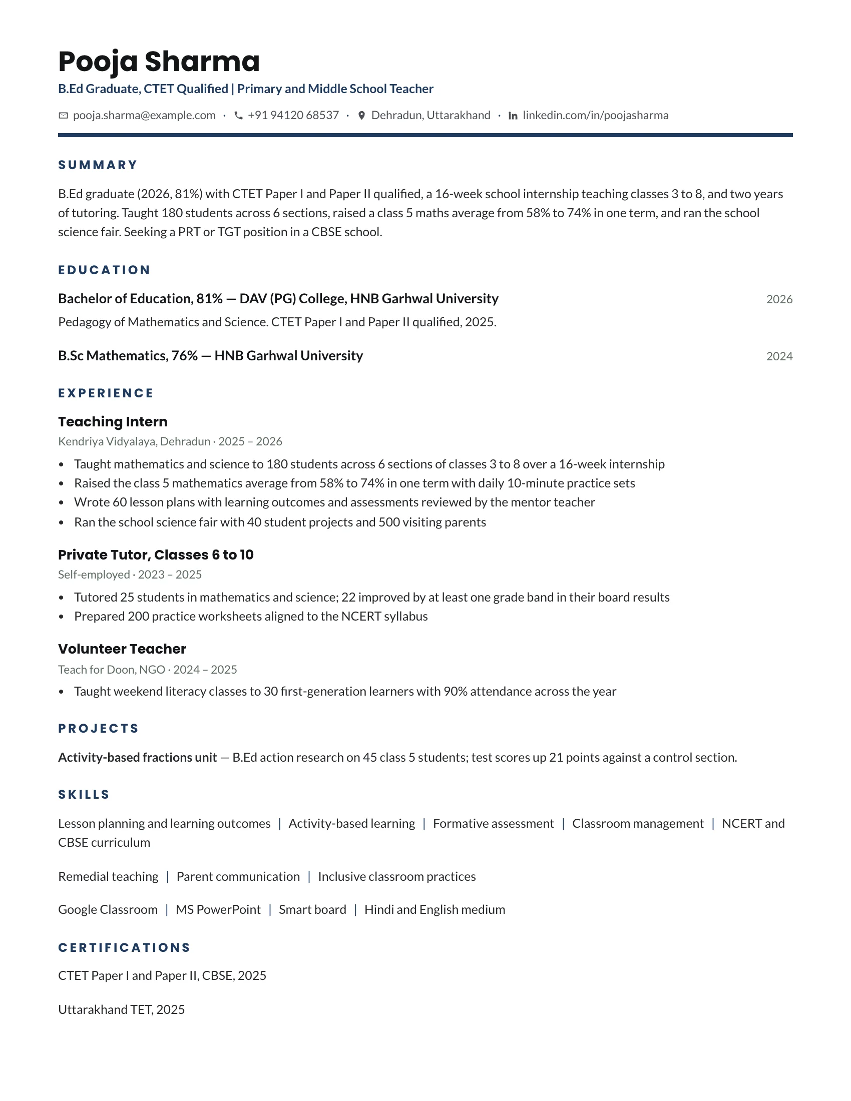 B.Ed fresher resume sample
