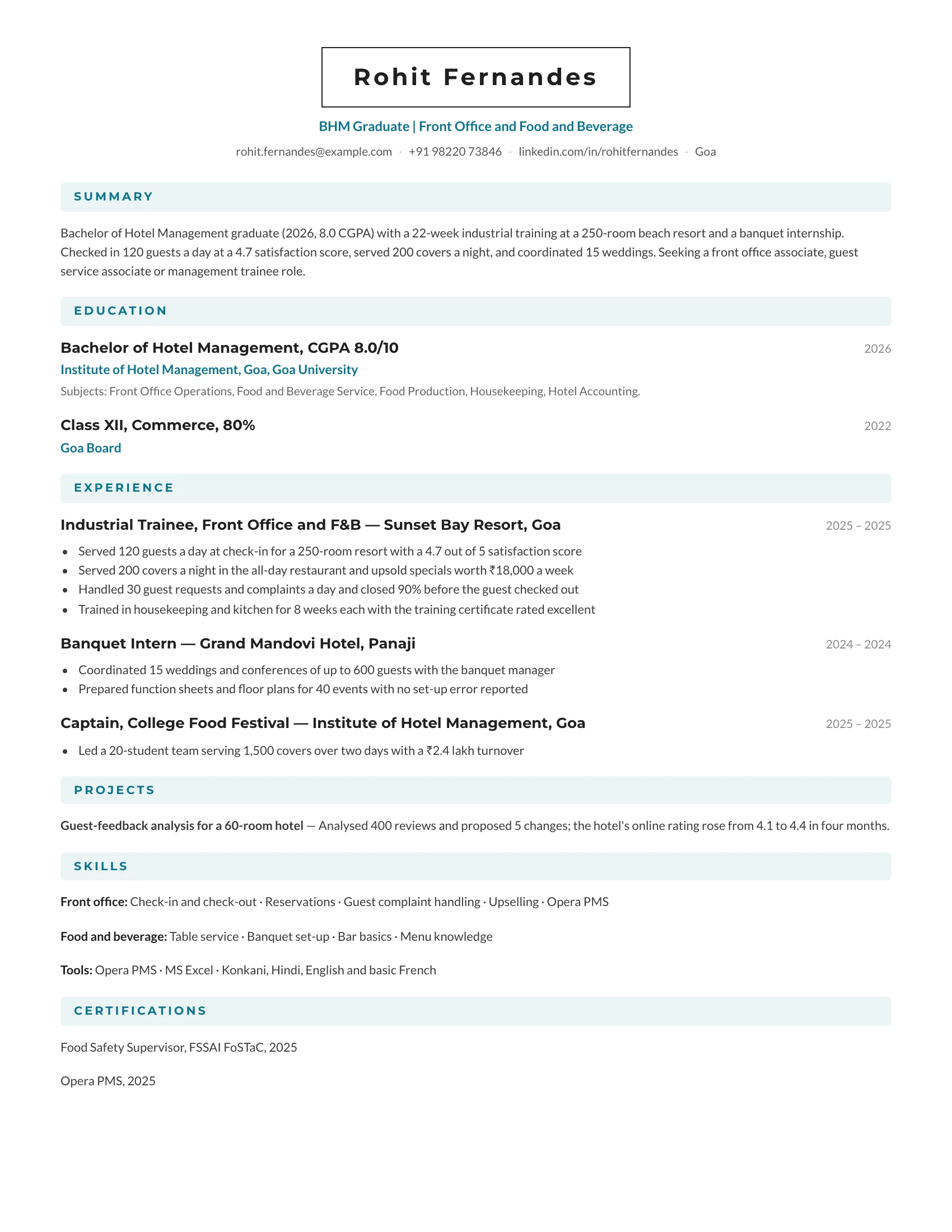 BHM fresher resume sample