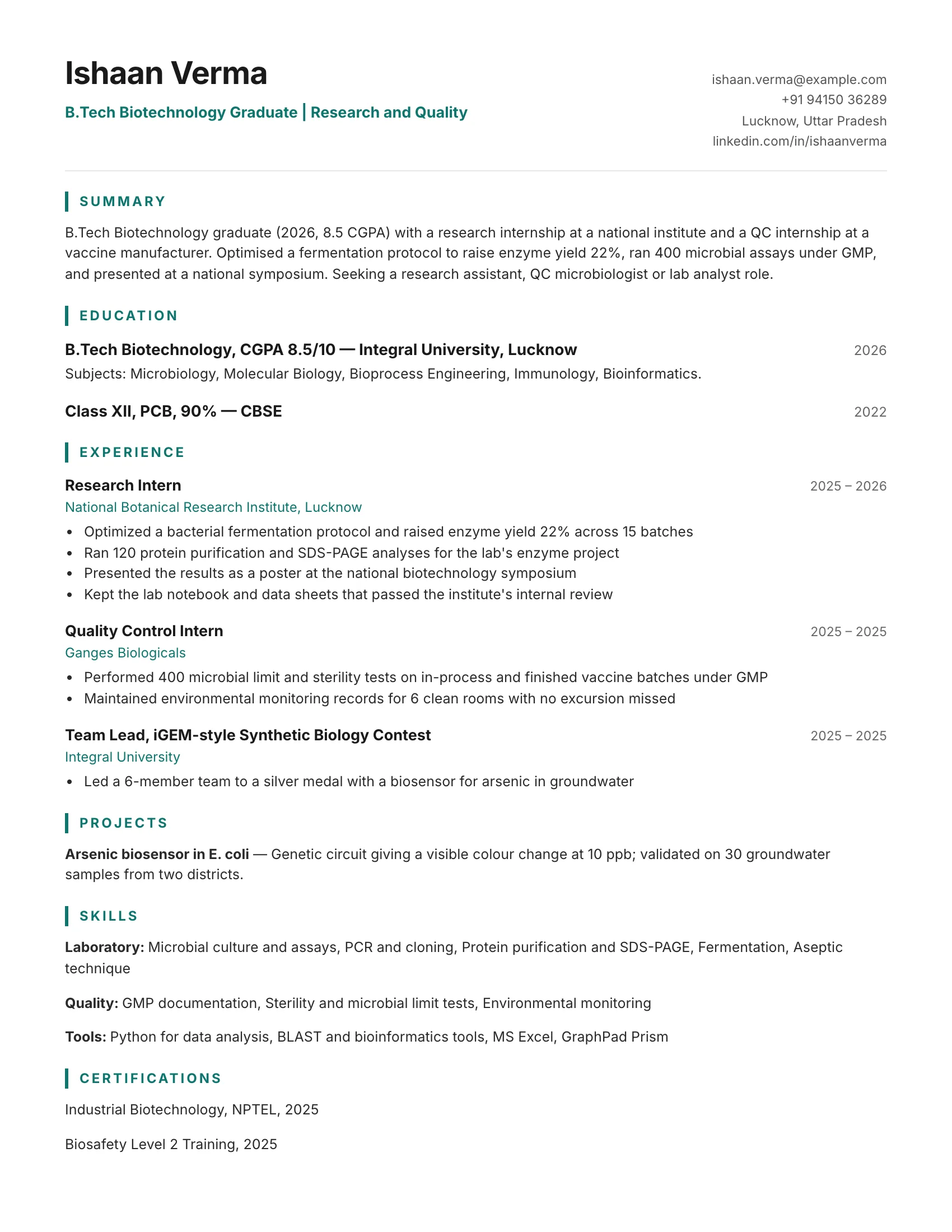 Biotechnology fresher resume sample