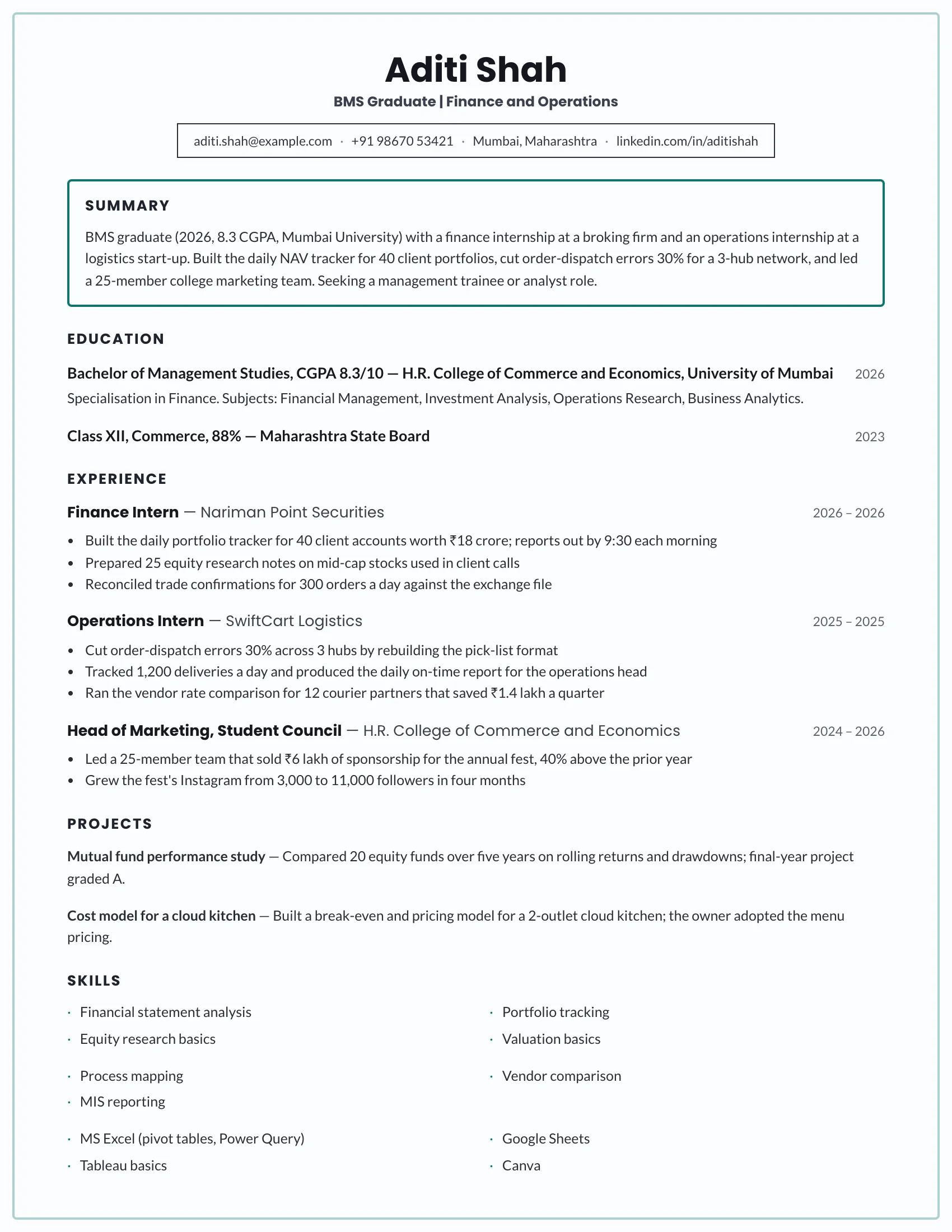 BMS fresher resume sample