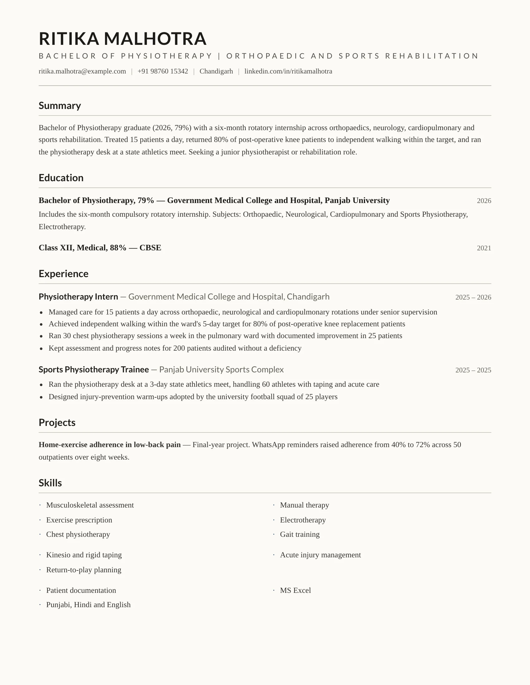 BPT fresher resume sample