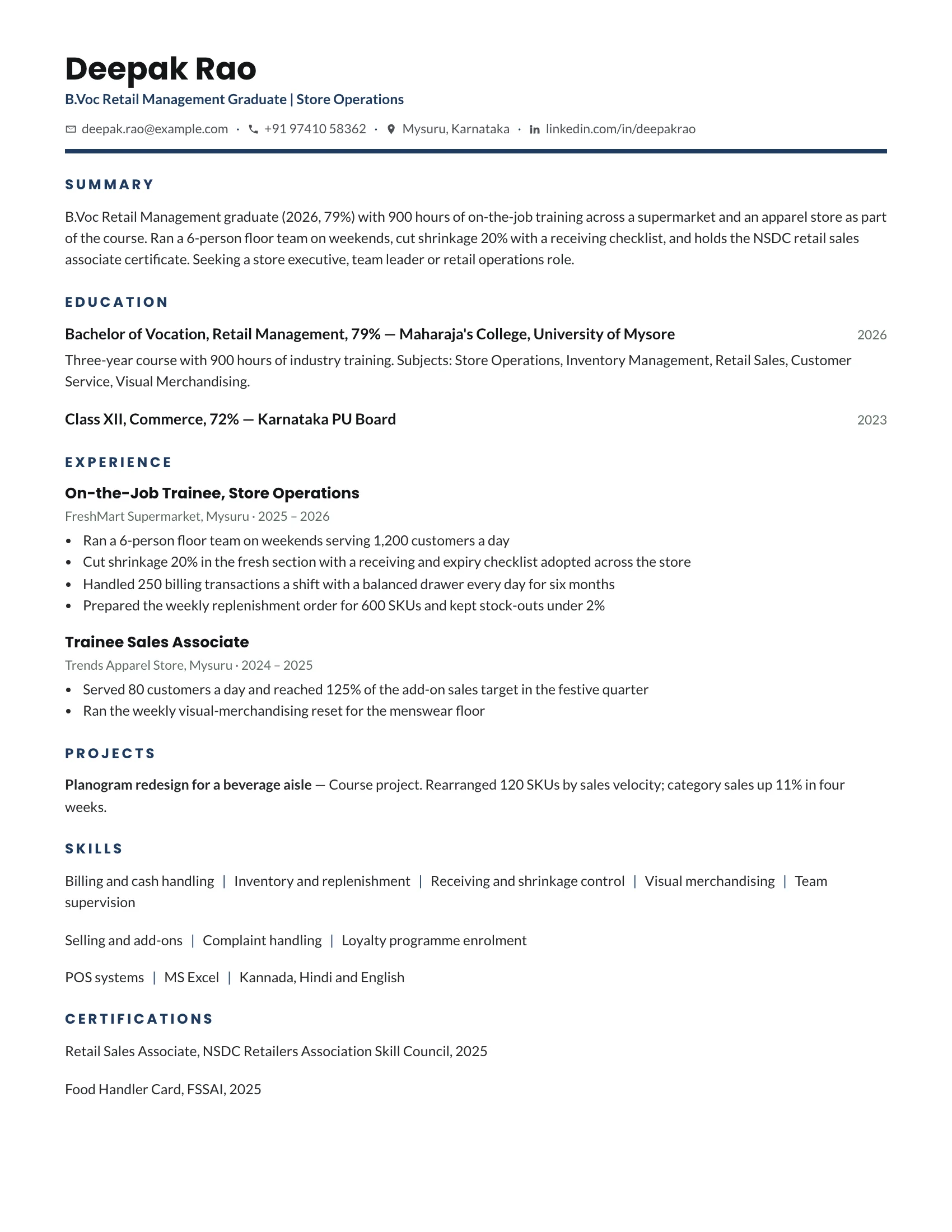 B.Voc fresher resume sample