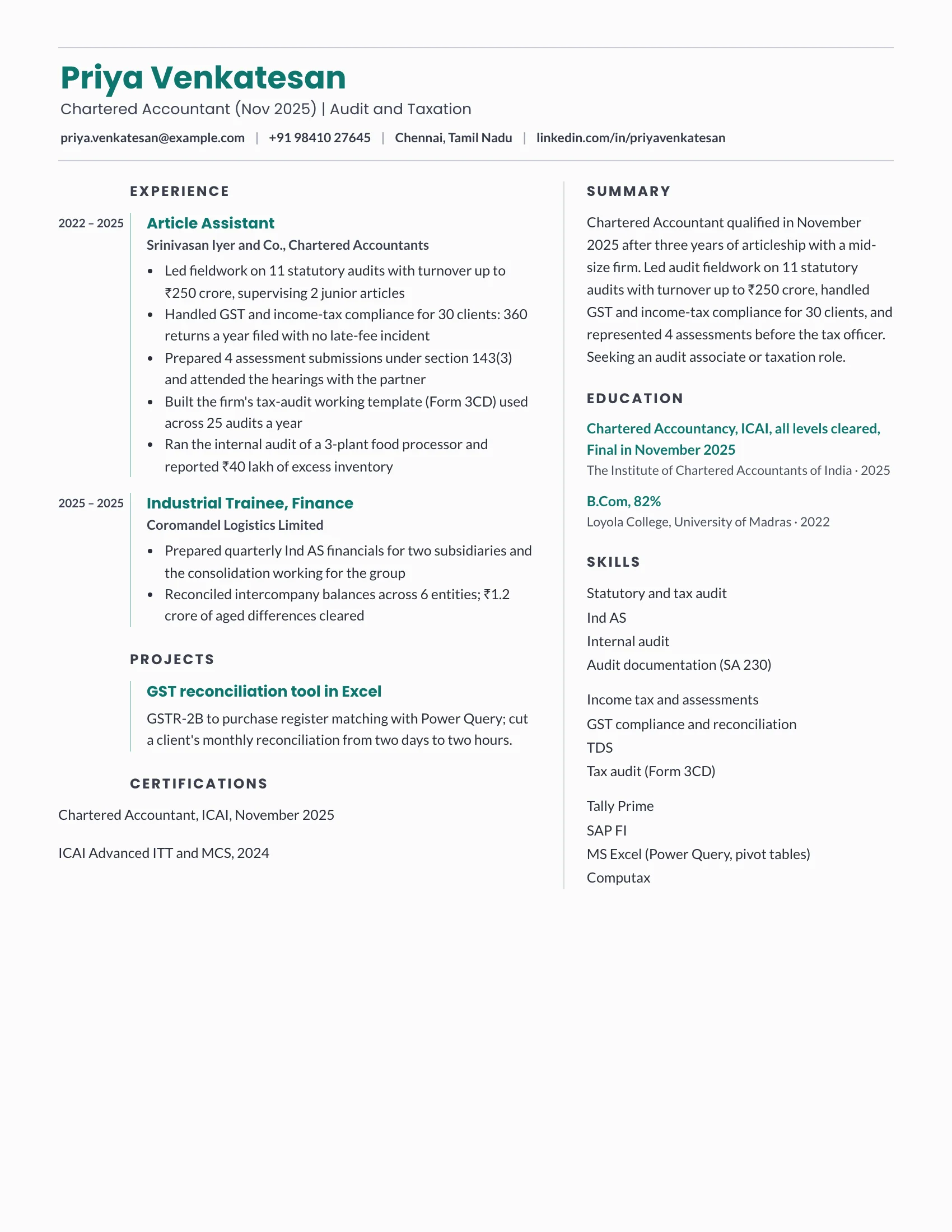 CA fresher resume sample