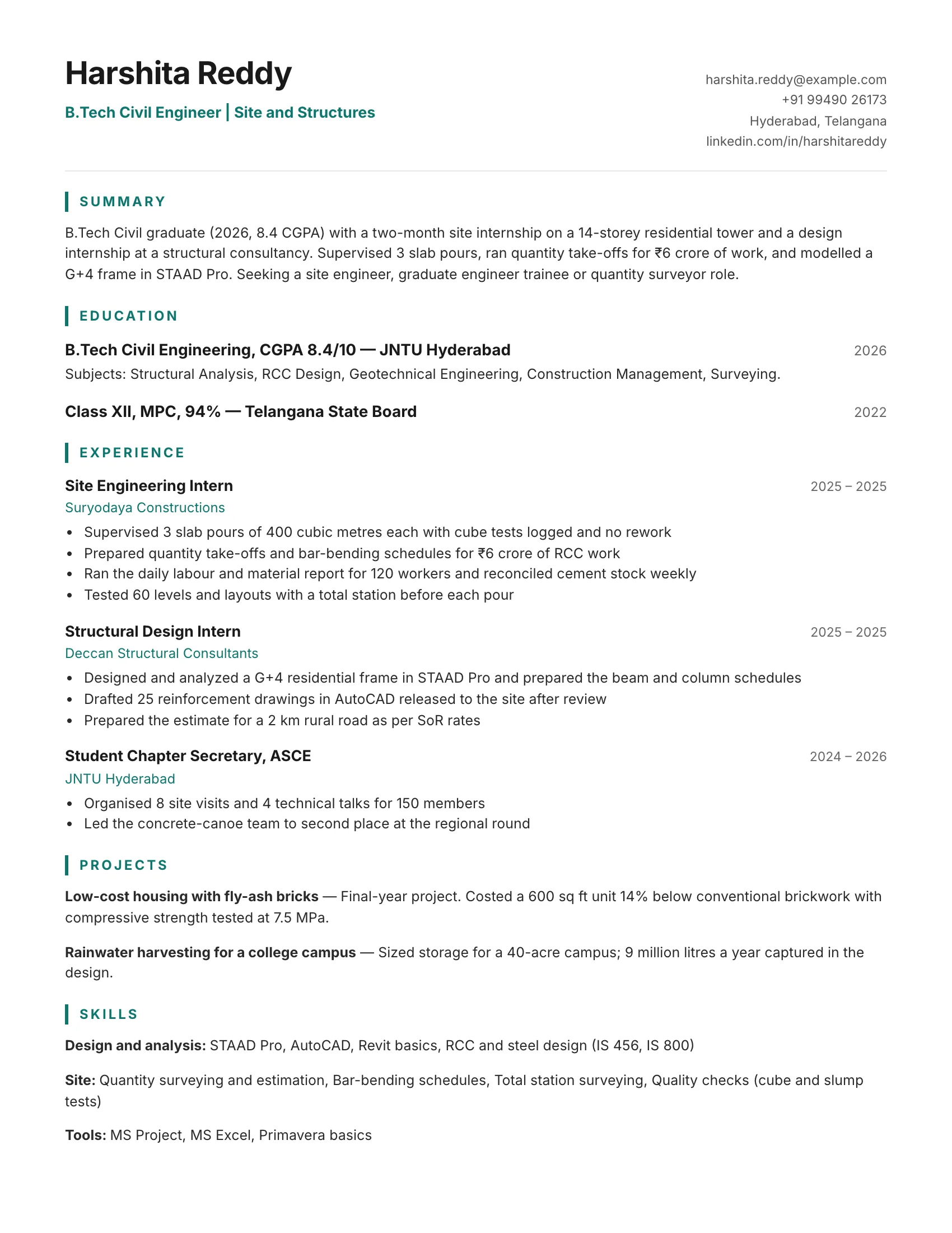 B.Tech Civil fresher resume sample