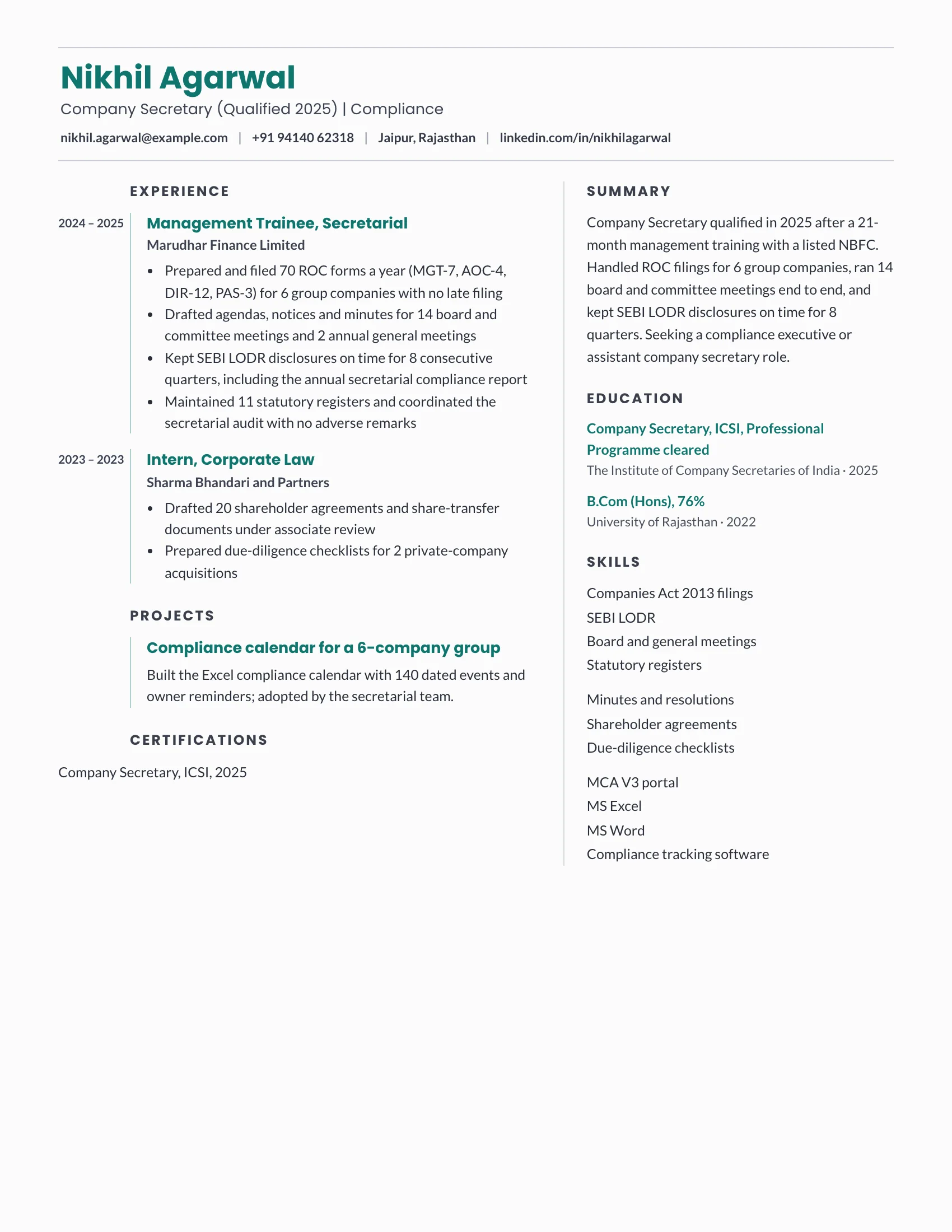 CS fresher resume sample