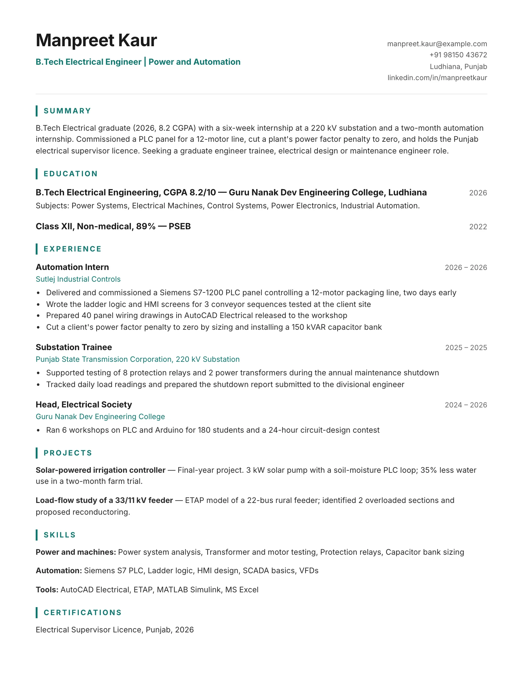 B.Tech Electrical fresher resume sample