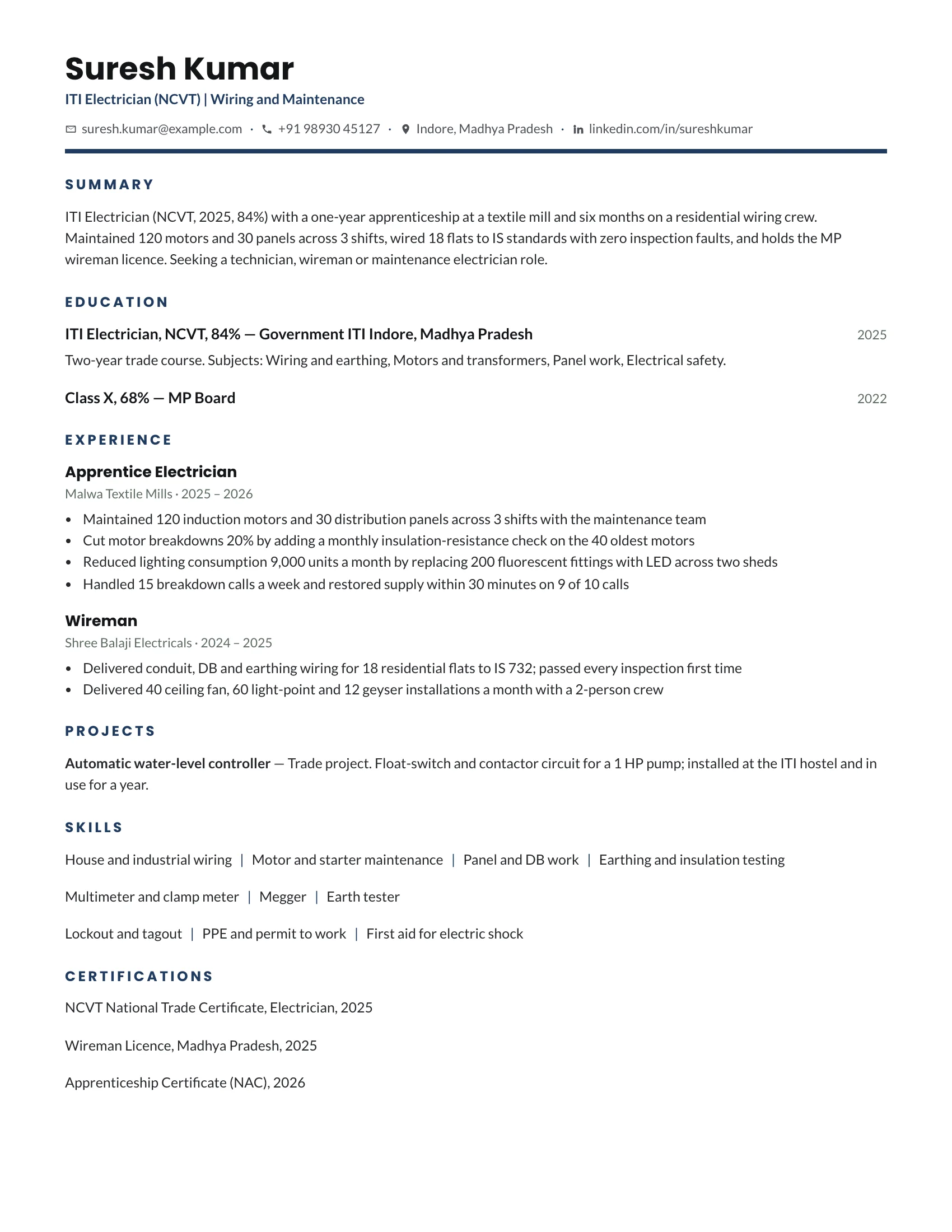 ITI fresher resume sample