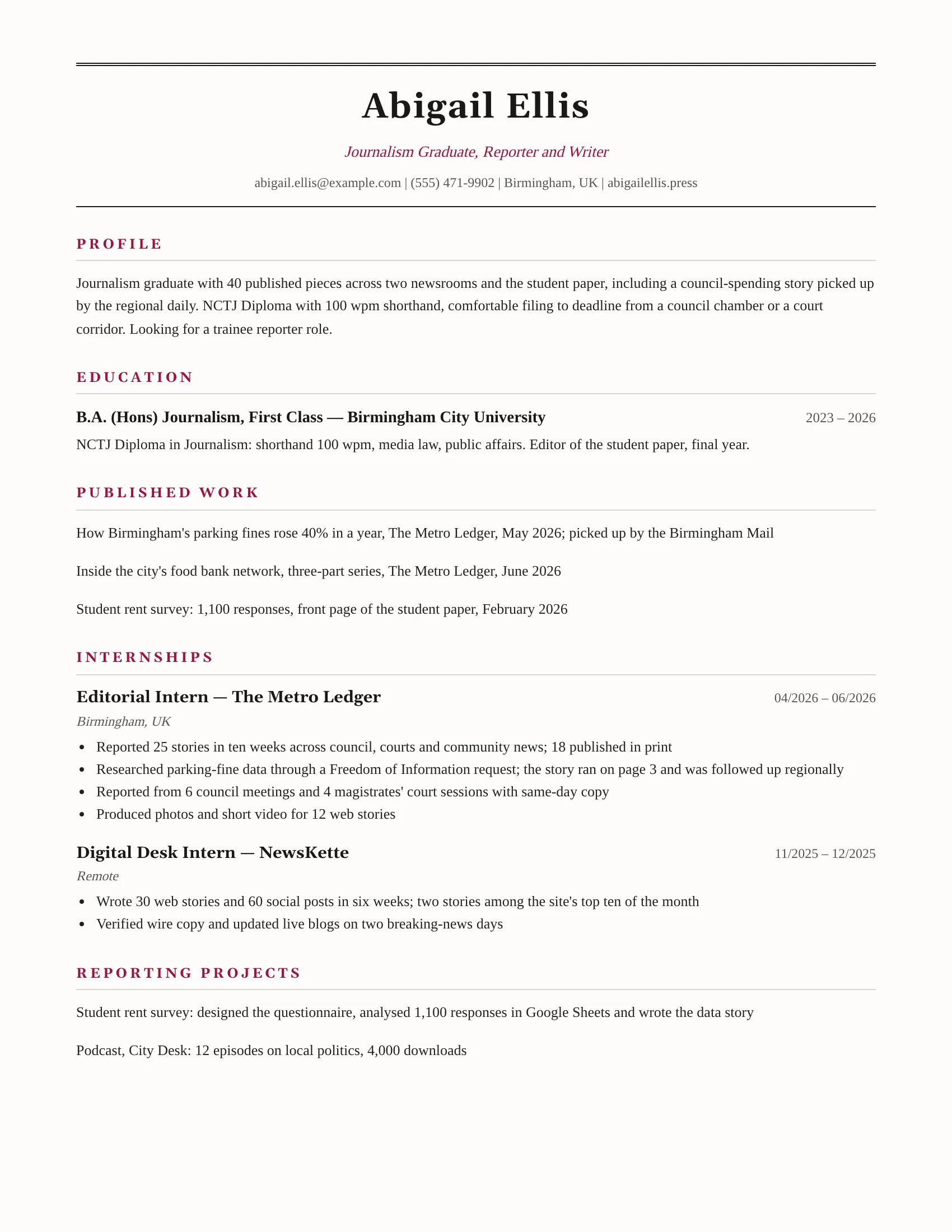 Journalism New Grad resume template preview