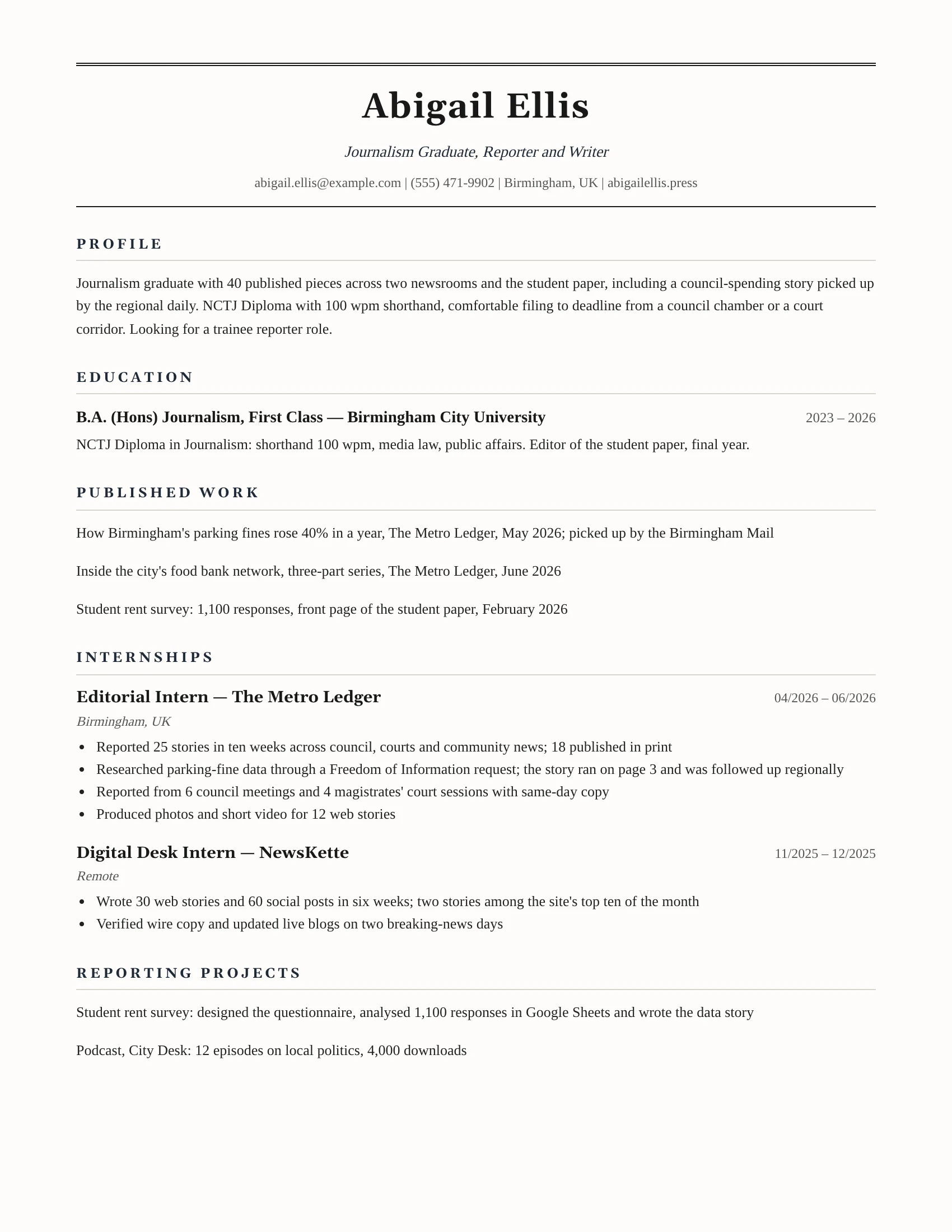 Journalism New Grad (Navy) resume template preview