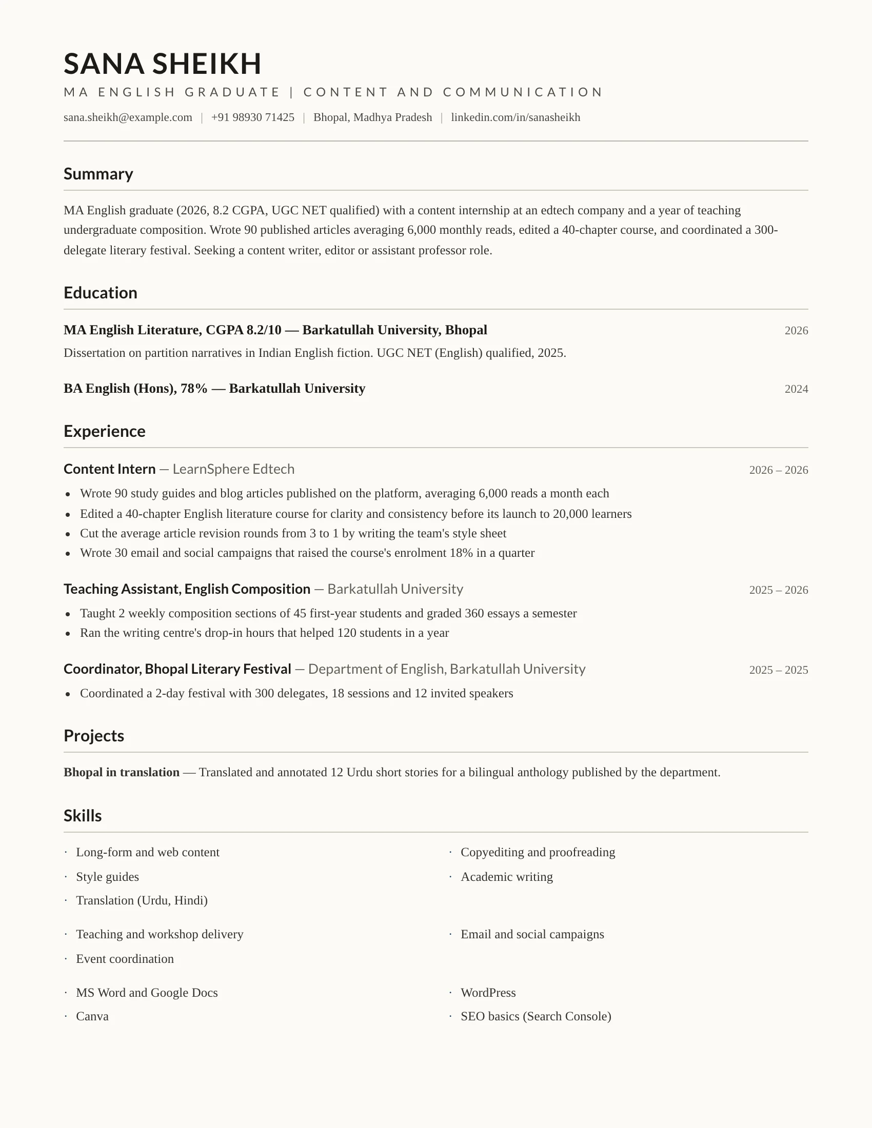 MA fresher resume sample