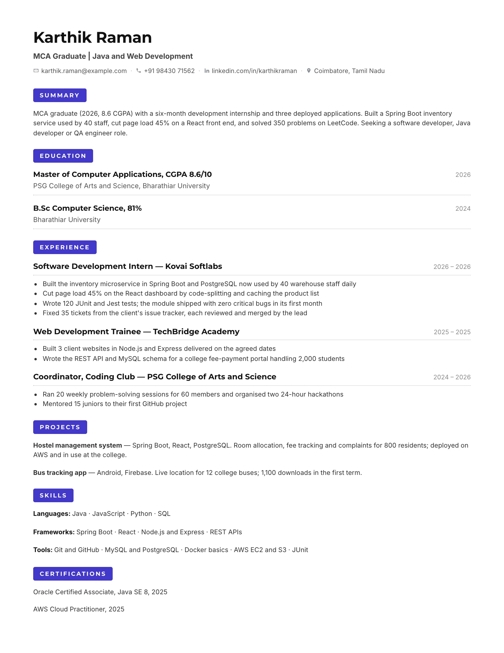 MCA fresher resume sample